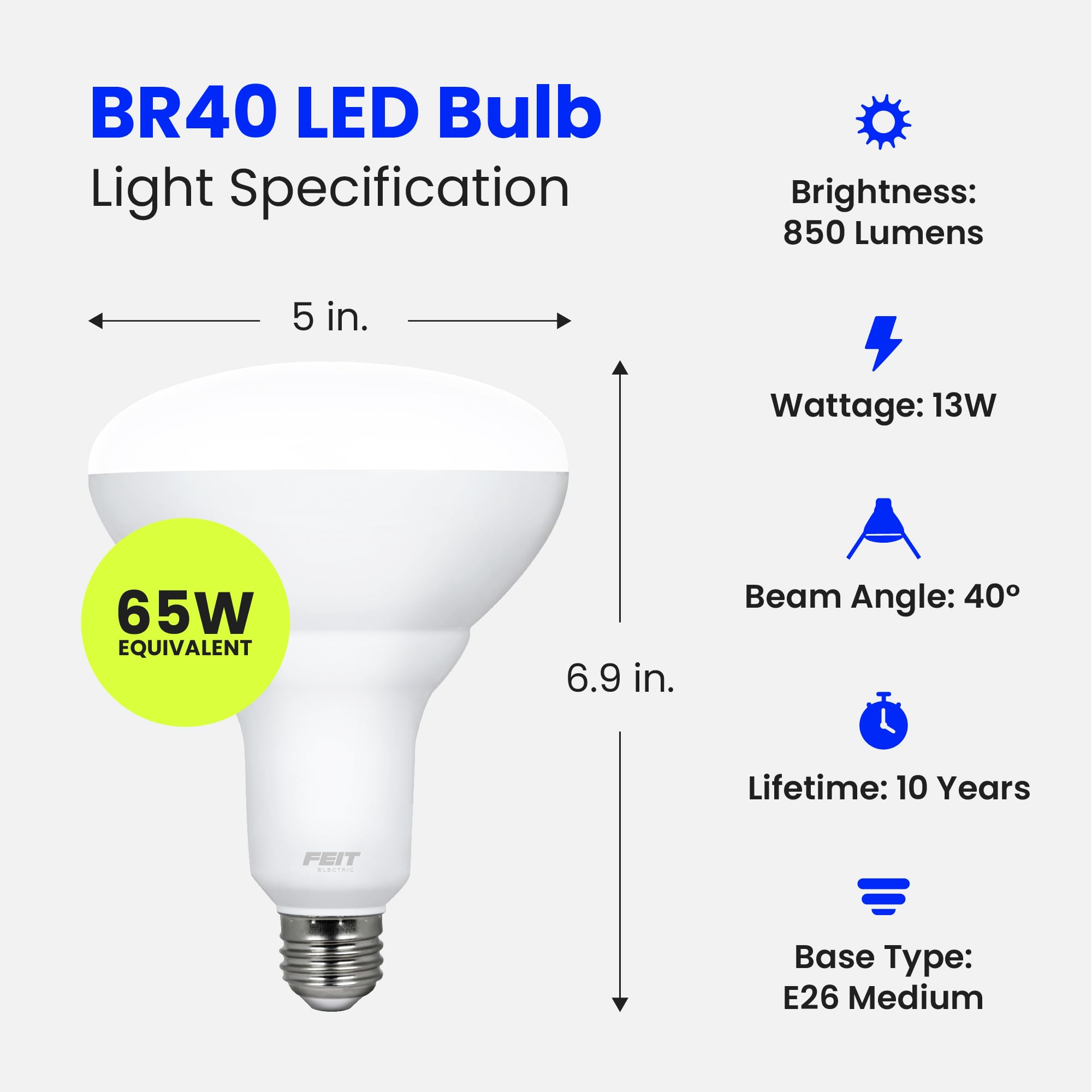 Feit Electric Led Br40 Bulbs, Dimmable, 65W Equivalent, 10 Year Life, 850 Lumens, E26 Base, 5000K Daylight, Flood Lights, Recess