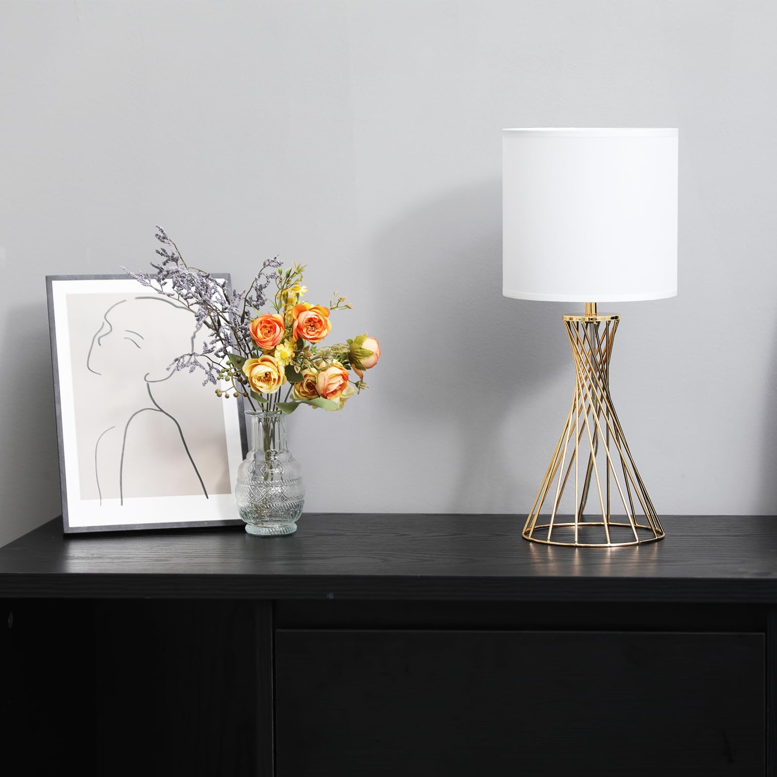 Popity Home Gold Table Lamp, Nightstand Lamp, Small Cute Desk Lamp, Modern Bedside Lamp With White Fabric Shade, Metal Geometric