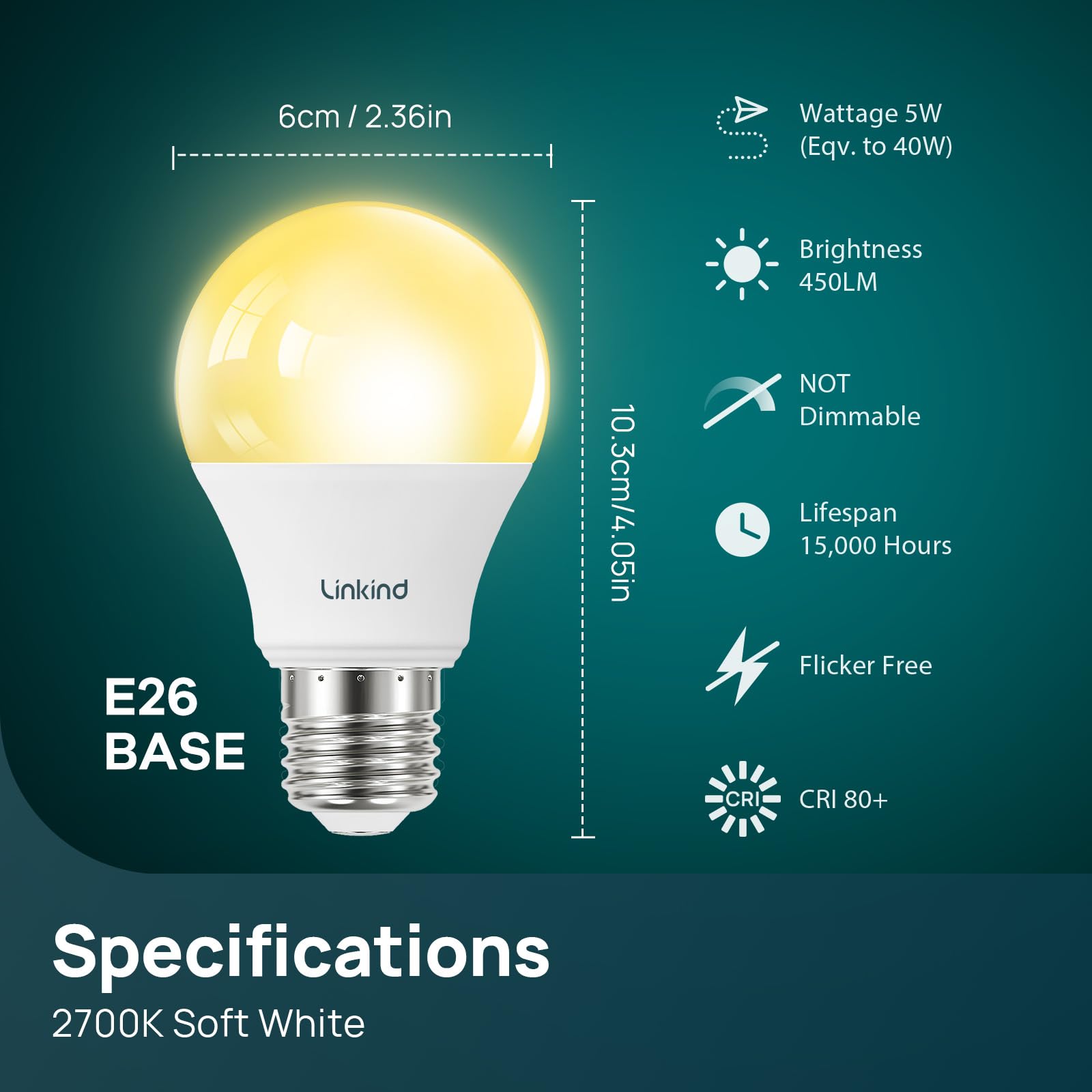 Linkind A19 Led Light Bulb, 40W Equivalent, 5W 2700K Soft White, 450 Lumens Non-Dimmable, E26 Standard Base, Energy Efficient Ul