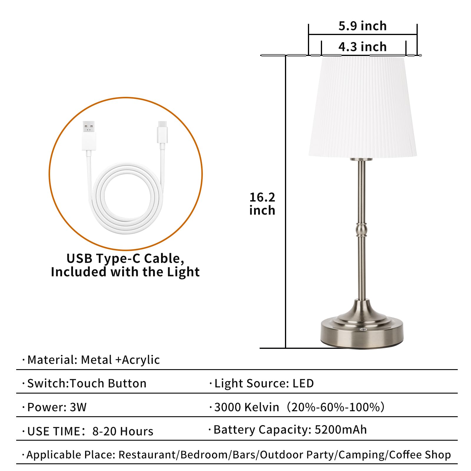 Yyxgoob Cordless Led Table Lamp,Portables Fabric Shade Desk Lamps, 5000Mah Rechargeable Battery Powered Lighting, Dimmable Light