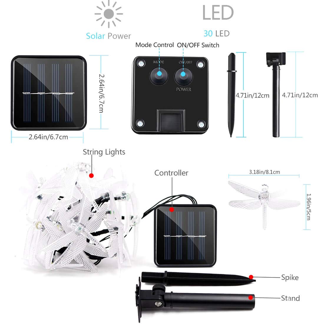 SEMILITS Solar String Light, 22Ft, 30 Crystal Dragonfly LEDs, Waterproof, Blue, Outdoor Fairy Lights for Patios, Homes, Gardens