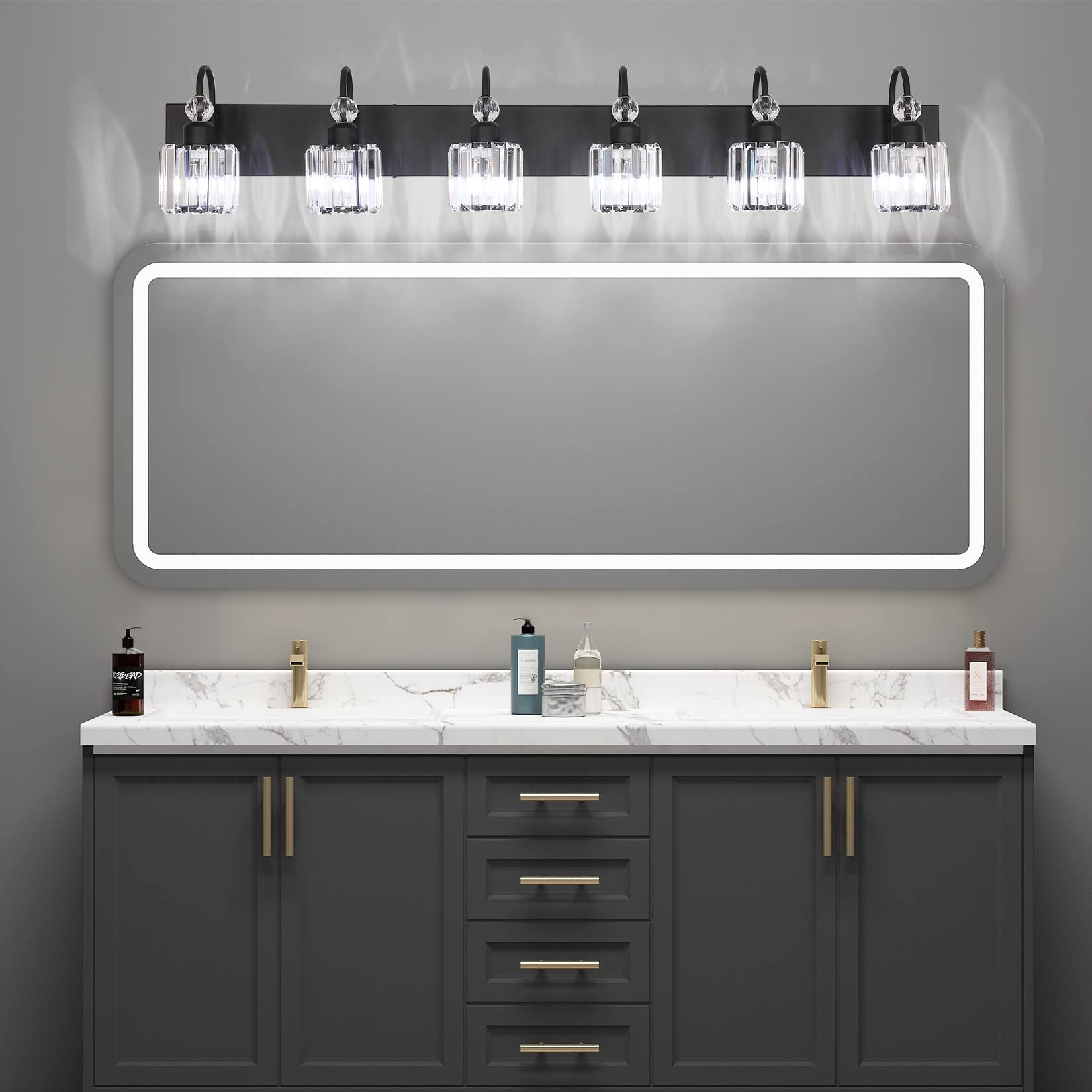 Ralbay 6-Light Crystal Vanity Lights, Matte Black, Metal, Model 8600, Modern Bathroom Wall Fixture