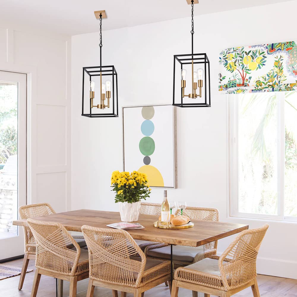 VINLUZ 3 Light Pendant Chandelier, Vintage Industrial Style, Metal, Black and Brushed Brass Finish, Ideal for Kitchen, Dining Room, Foyer