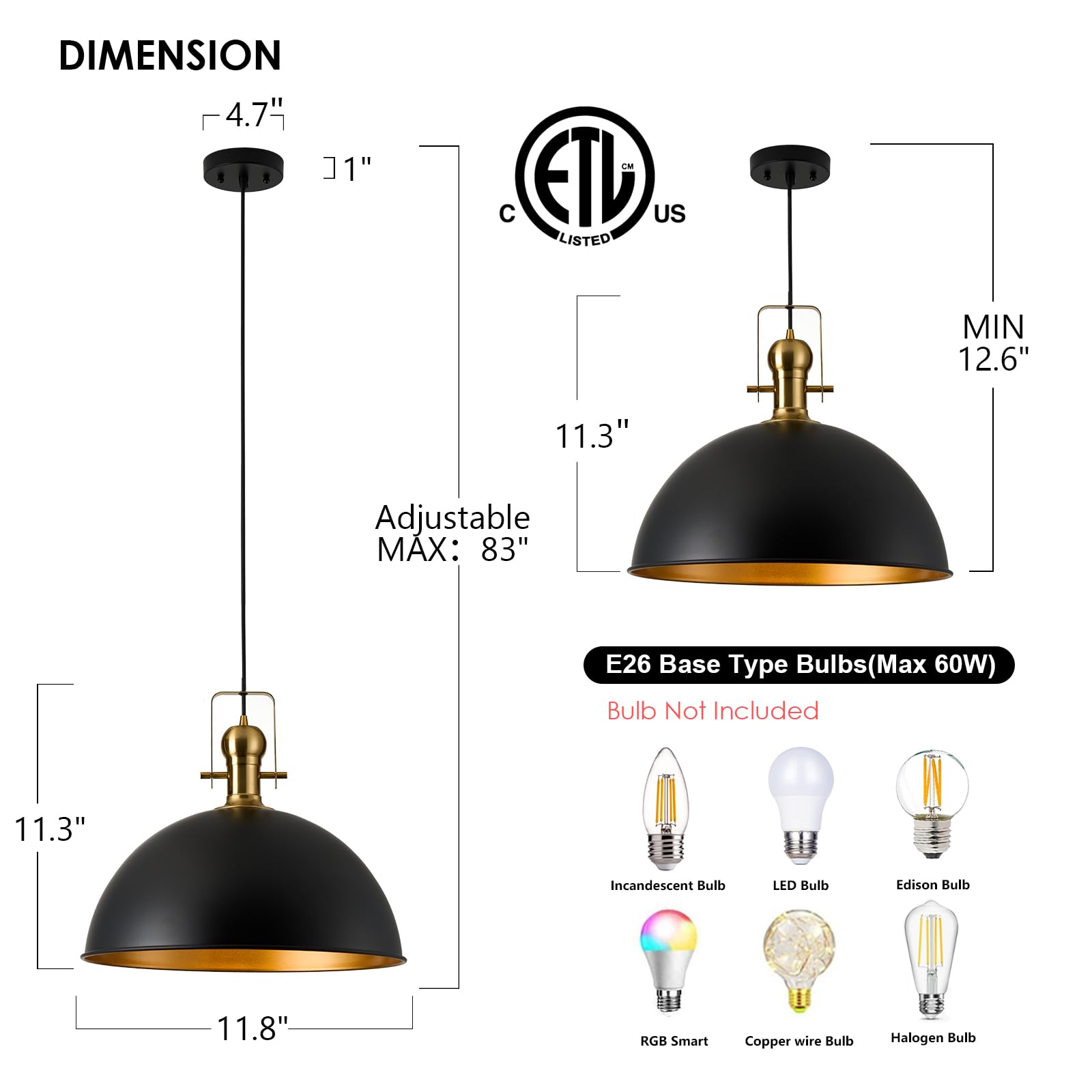 ALAISLYC 12 Inch Black Farmhouse Pendant Light, Metal Vintage Dome Fixture, Adjustable Height, 1-Pack