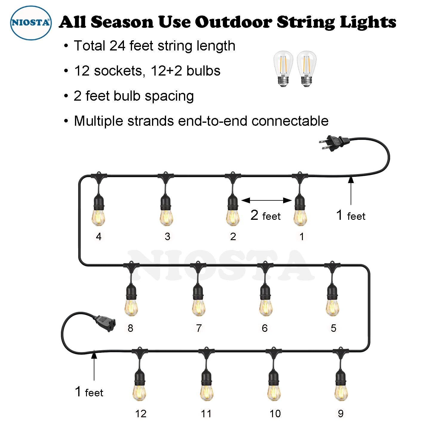 NIOSTA Outdoor Hanging String Lights, 24Ft, 12 LED S14 Bulbs, Dimmable, 2200K Glass Bulb
