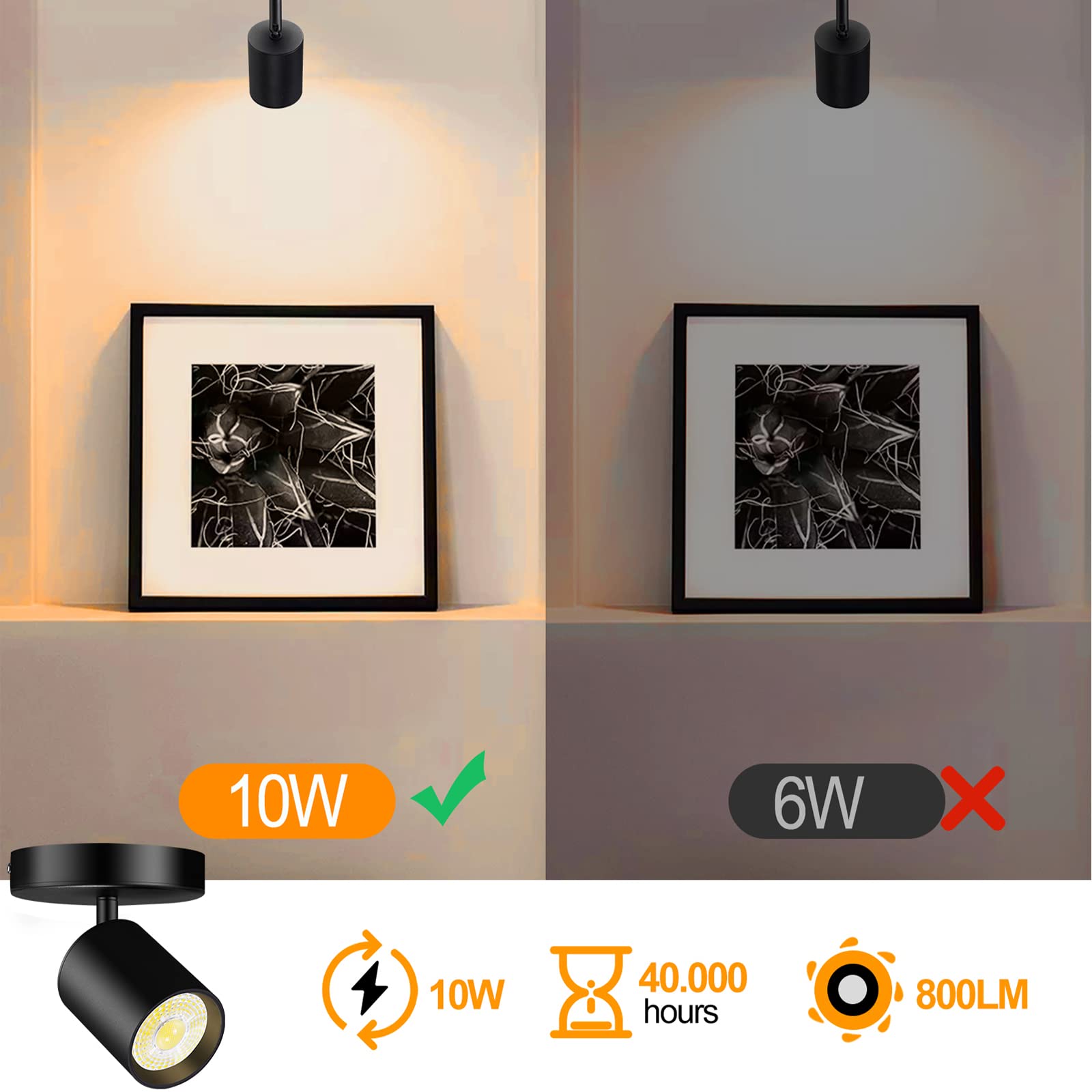 Vanoopee Dimmable Led Ceiling Spotlight 10W 800Lm, 3000K, Black, 2 Pack -