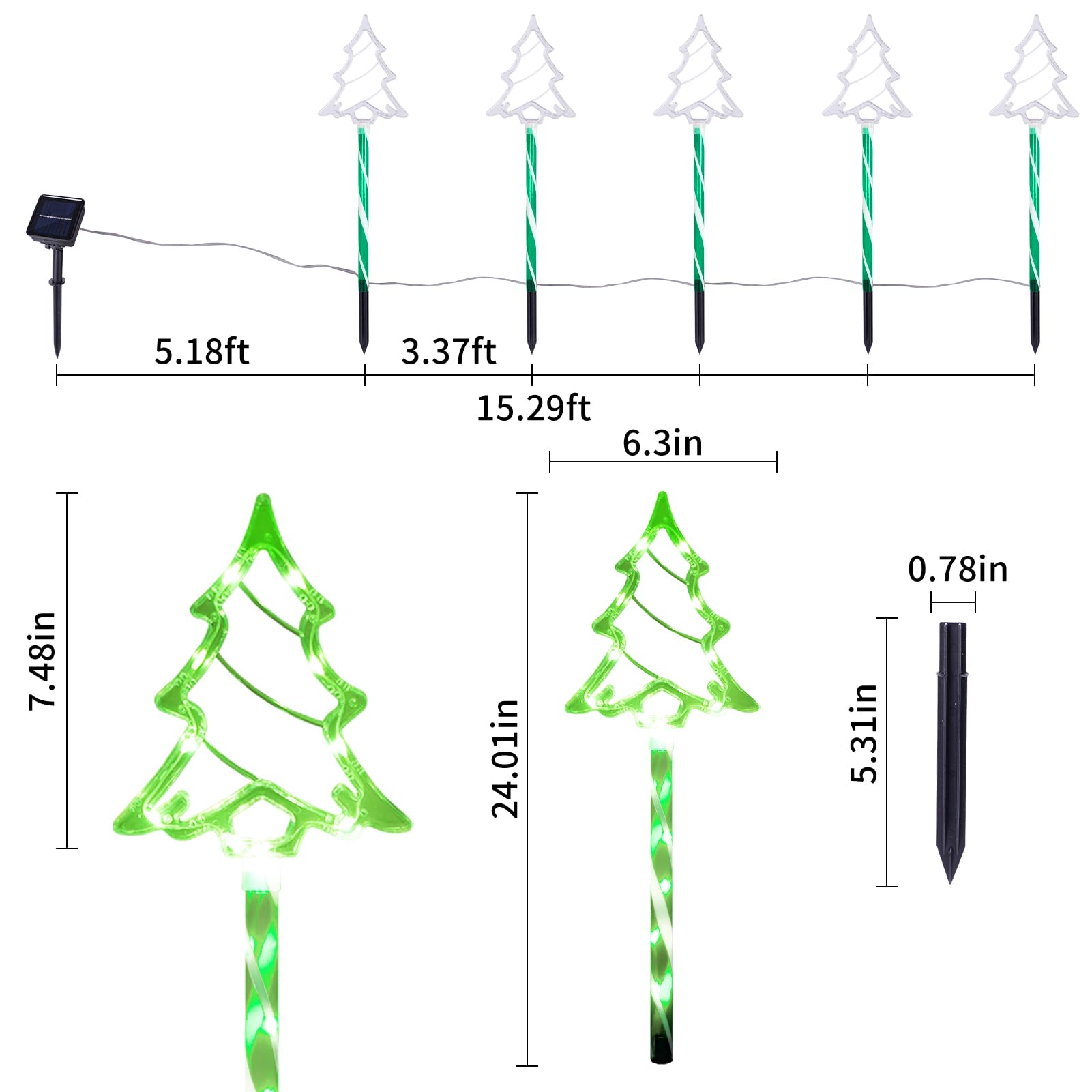 Christmas Solar Pathway Lights Outdoor Decorations  8 Modes Xmas Tree Candy Lights Waterproof Led Garden Stake Light For Walkway Yard Lawn Porch Holiday Decor 5-Pack (Green Tube Tree  5 Pack)