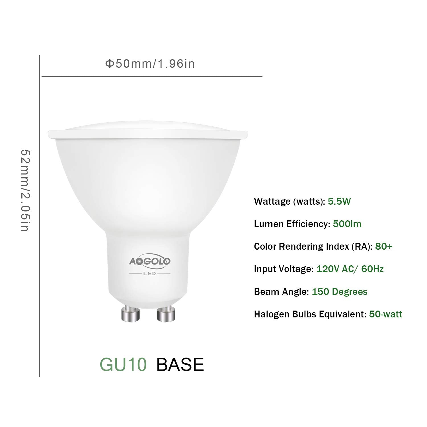 Aogolo Gu10 Ac120V Led Light Bulbs, 6 Pcs Daylight White 4200K 50W Equivalent, 500 Lumens, 5.5W Led Spotlight,Non Dimmable, Repl