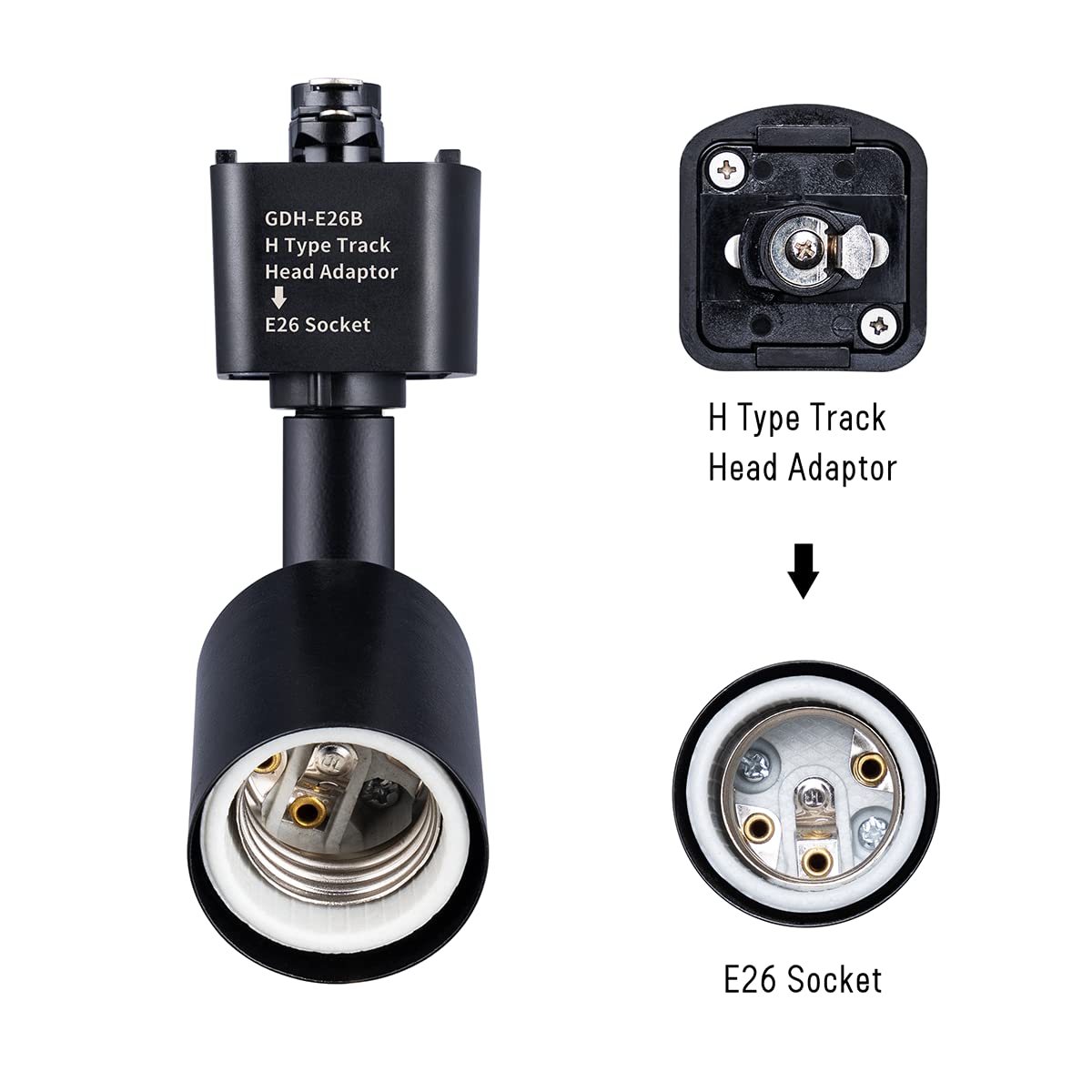 Mirrea H Type Track Lighting Head To E26 Medium Screw Base Adapter Light Direction Adjustable Pack Of 3 (Black)
