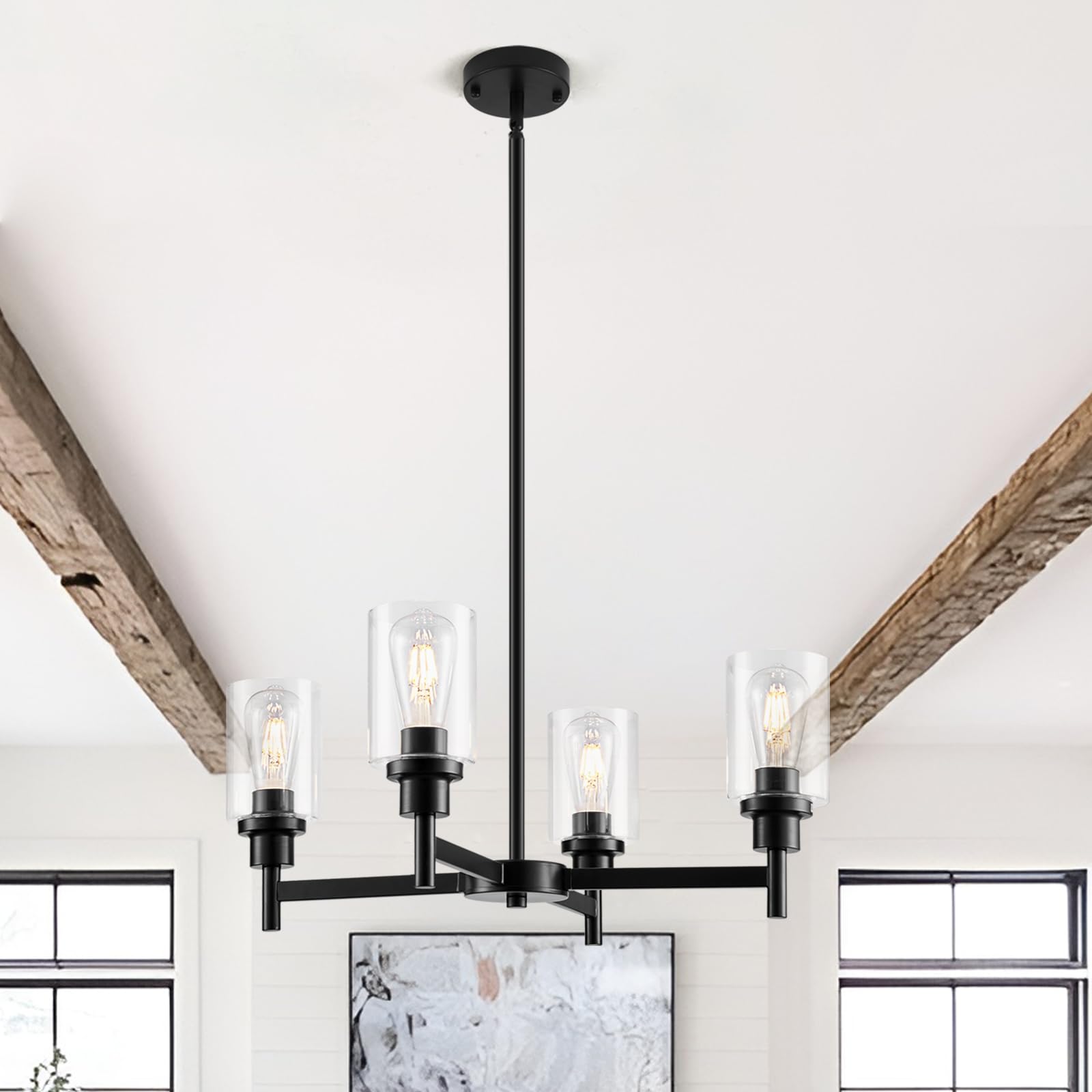 Seilisy 4 Lights Black Dining Room Light Fixture Chandelier, Farmhouse Contemporary Modern Pendant Ceiling Hanging Lighting With