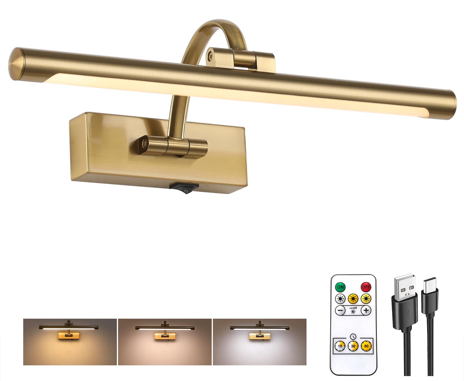 Tassuowell Wireless Picture Lights for Wall Rechargeable, Battery Operated Art Light for Paintings, 3CCT Dimmable, 15.7'' Brass 