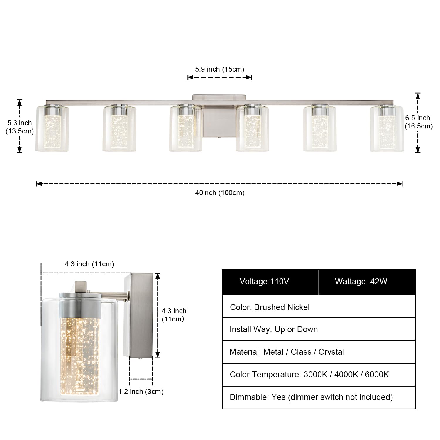 SineRise 6-Light Brushed Nickel Vanity Light, Dimmable LED Fixture with 3 Color Modes, Modern Design, Eye Protection, Model da61a593