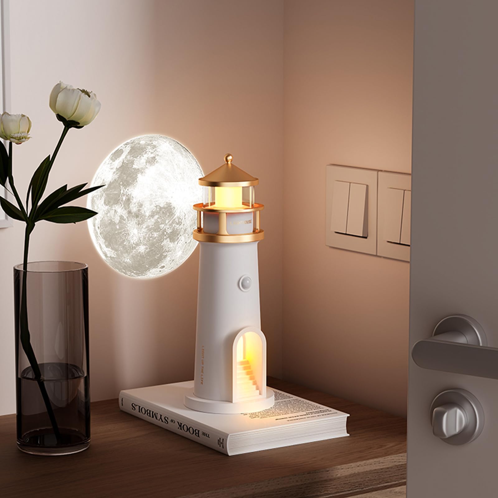 AVEKI Lighthouse Night Light Cute Lighthouse Lamp with Moon Projection & Motion Sensor Lights Indoor Wireless Table Lamp for Roo