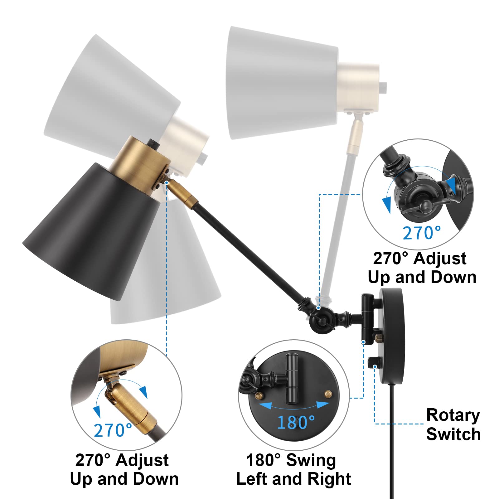 Goodate Dimmable Wall Lamp, Plug-In Swing Arm Sconce, Black Brass Industrial E26 Light