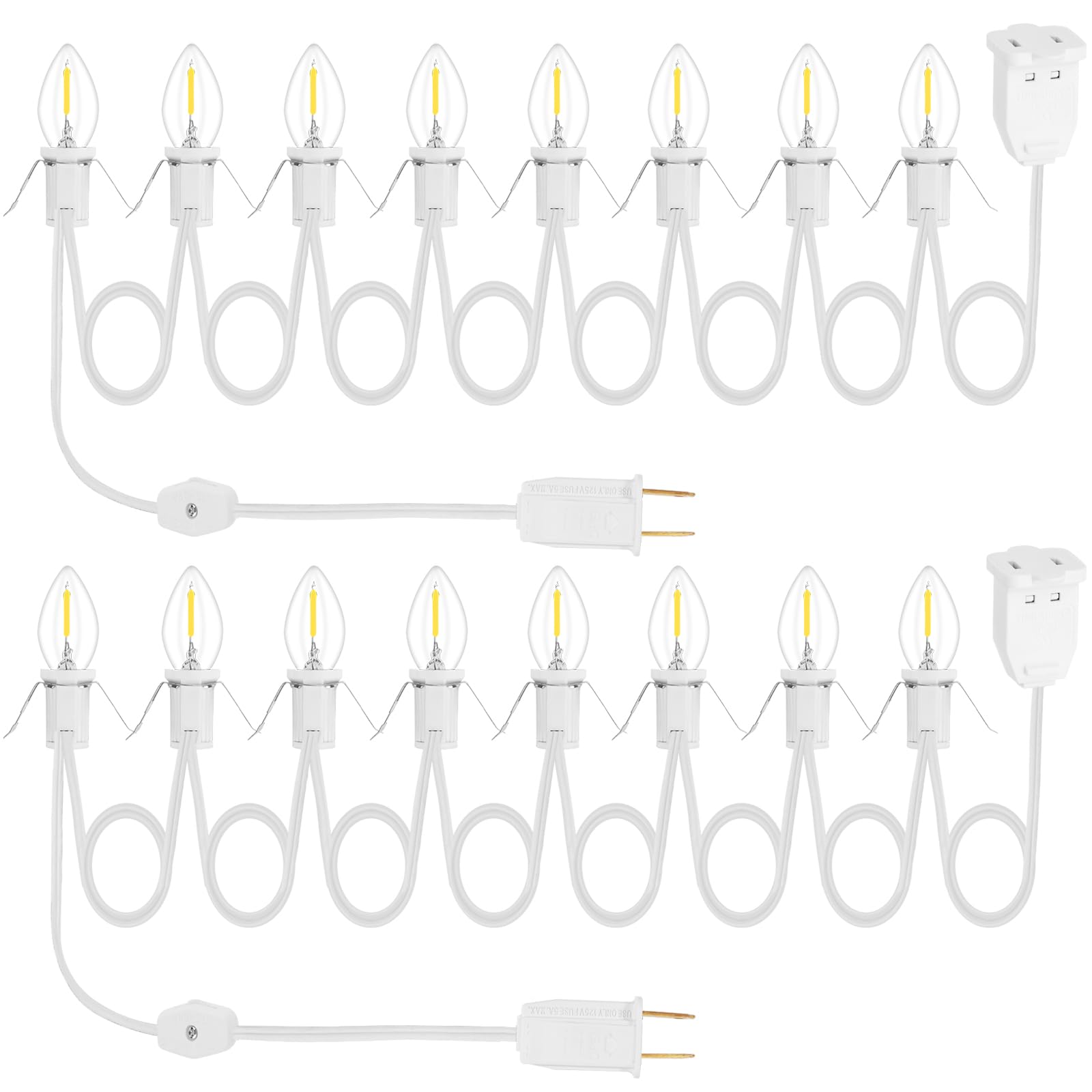 2Pack Accessory Cord with 16 LED Light Bulbs and Outlet Christmas Village Light 14.7FT White Cord with Spare Fuse Warm White C7 Lamp for Halloween Pumpkins Christmas Village Houses Craft Decoration