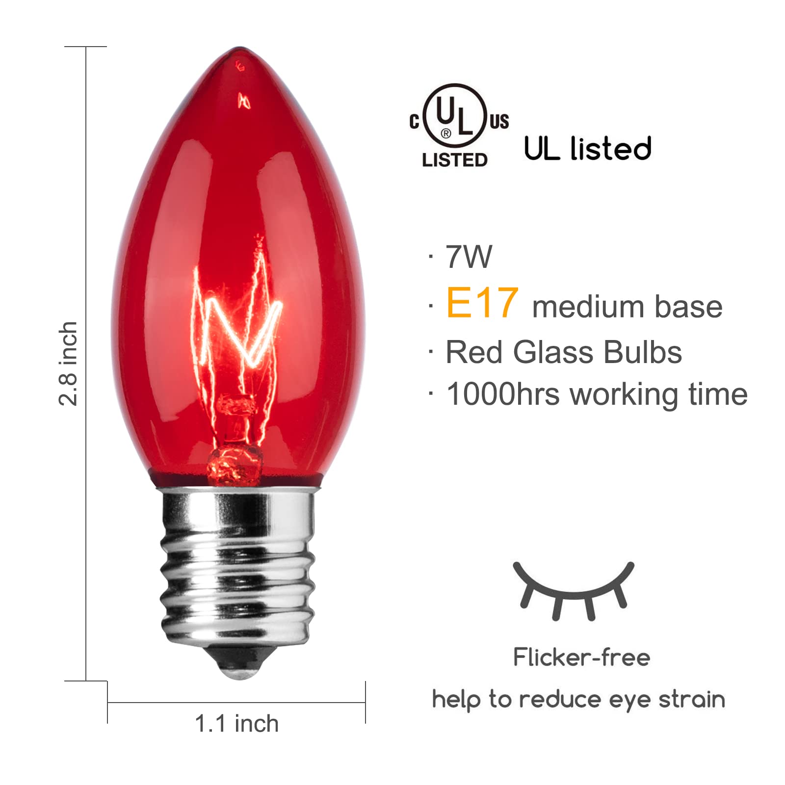 25 Pack C9 Incandescent Bulb Red, C9 Christmas Replacement Light Bulb For Christmas String Light, E17 Intermediate Base, 7 Watt,