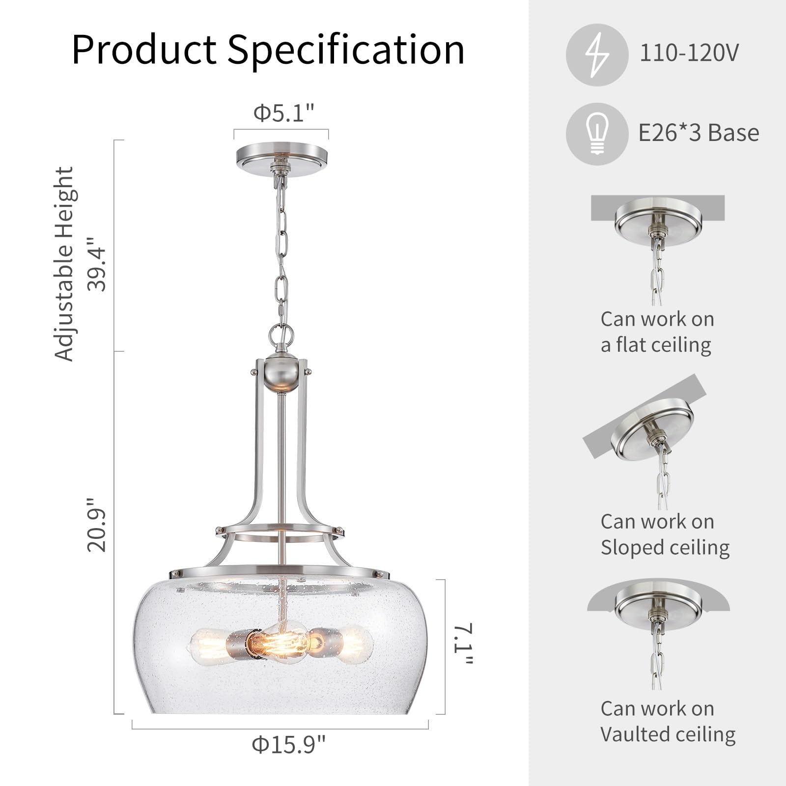 Wuzups Rustic Farmhouse Round Pendant Light, 3-Light Led Chandelier, Brushed Nickel, Glass Shade