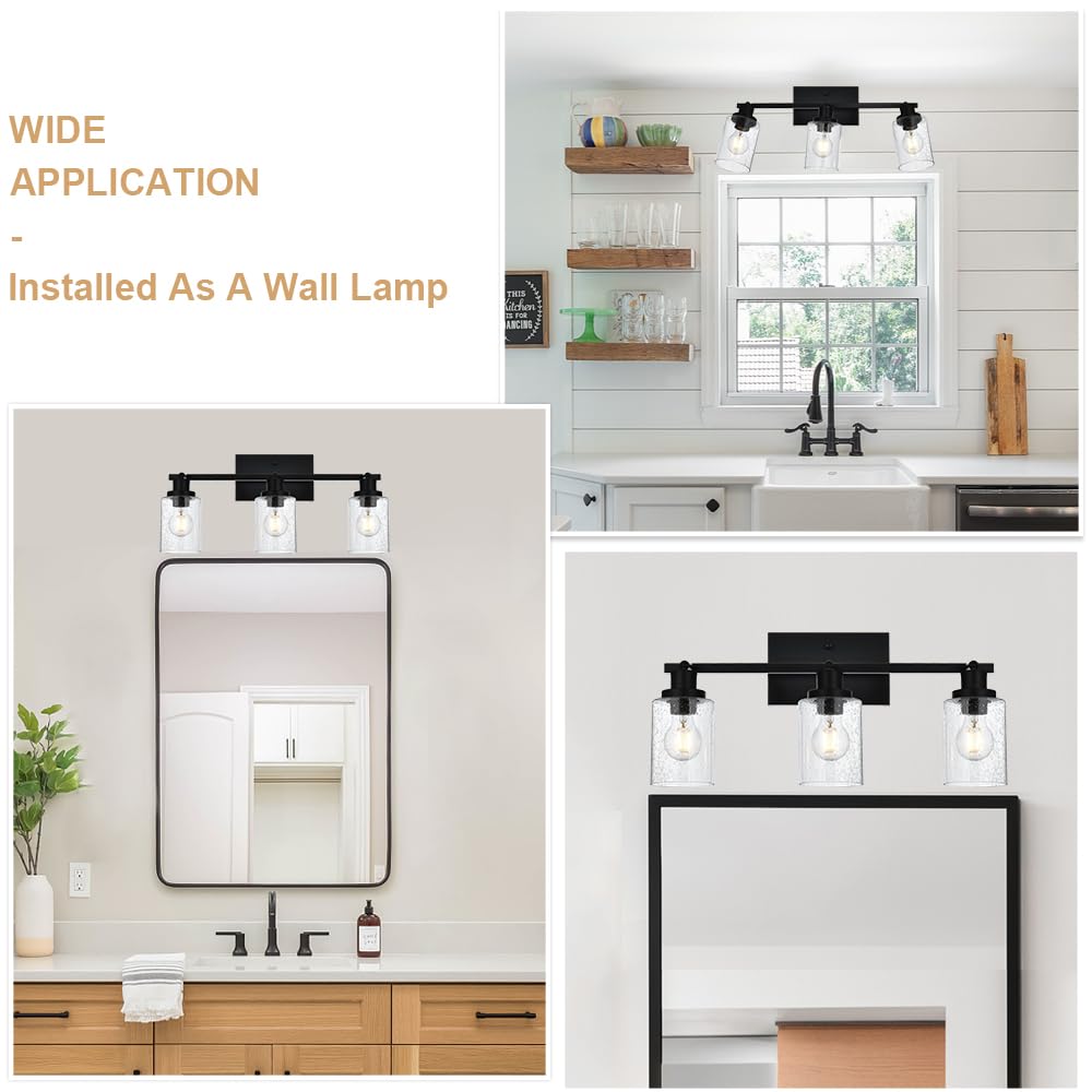 Winshen 3-Light Track Lighting Fixtures Ceiling Spot Light, Black Flush Mount Wall Bathroom Vanity Light With Seeded Glass Shade