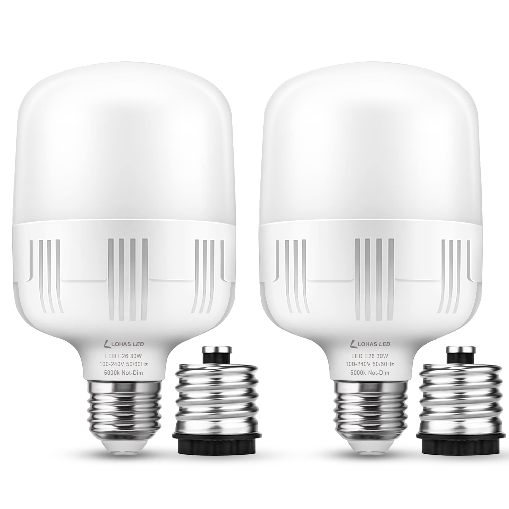 L LOHAS LED 30W Garage LED Bulb, 250-300W Equivalent, 3400LM, Daylight White, E26/E39 Adapter, 2 Pack