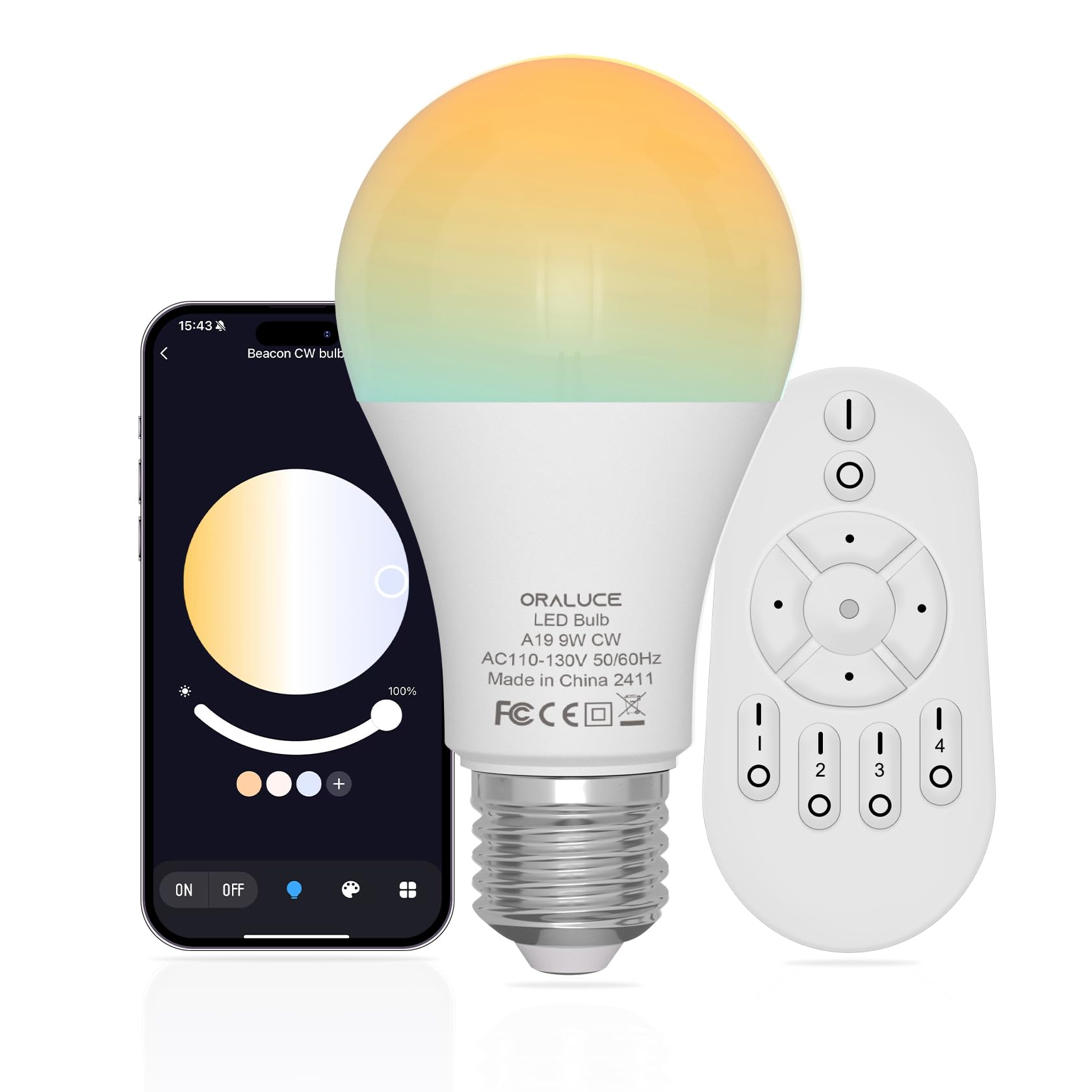 Oraluce Led Remote Control Light Bulbs 60 Watt Equivalent, Dimmable 2700-6500K Lightbulbs E26 Base, A19 Bluetooth Smart Light Bu