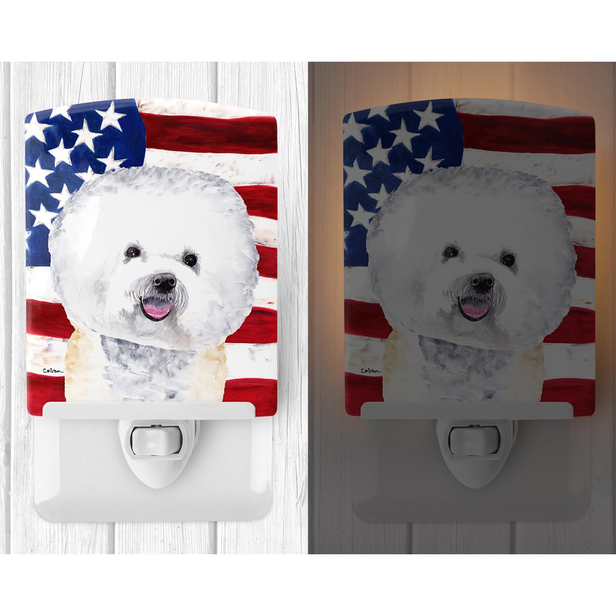 Caroline'S Treasures Sc9014Cnl Usa American Flag With Bichon Frise Ceramic Night Light Compact, Ul-Certified, Ideal For Bedroom, Bathroom, Nursery, Hallway, Kitchen, 6X4X3, Multicolor