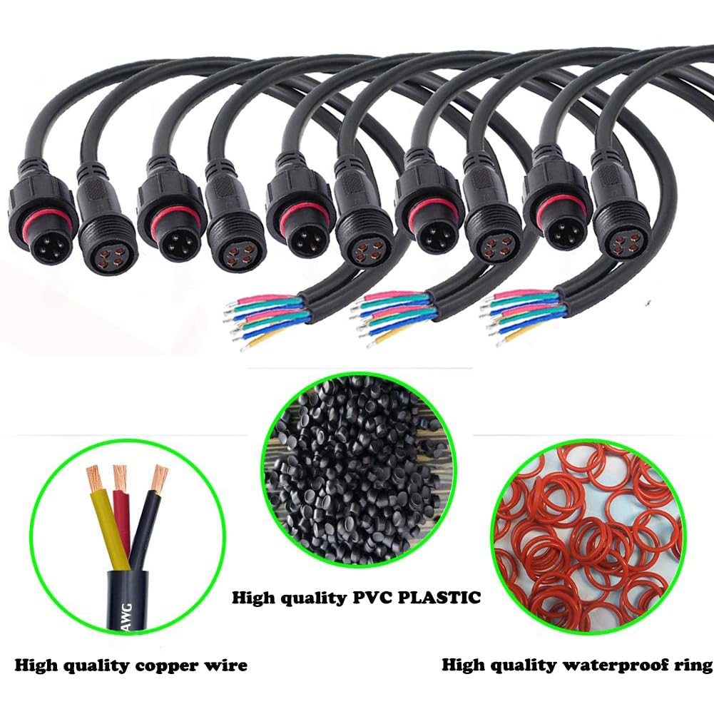 Qofowin 4 Wire Waterproof Connector, 4 Pin Male Female Plug Led Connector,With 16Awg Ip68 20Cm Extension Cable For Car, Boat,Truck,Indoor/Outdoor Led Strip Lights(4Pin 5Pairs)