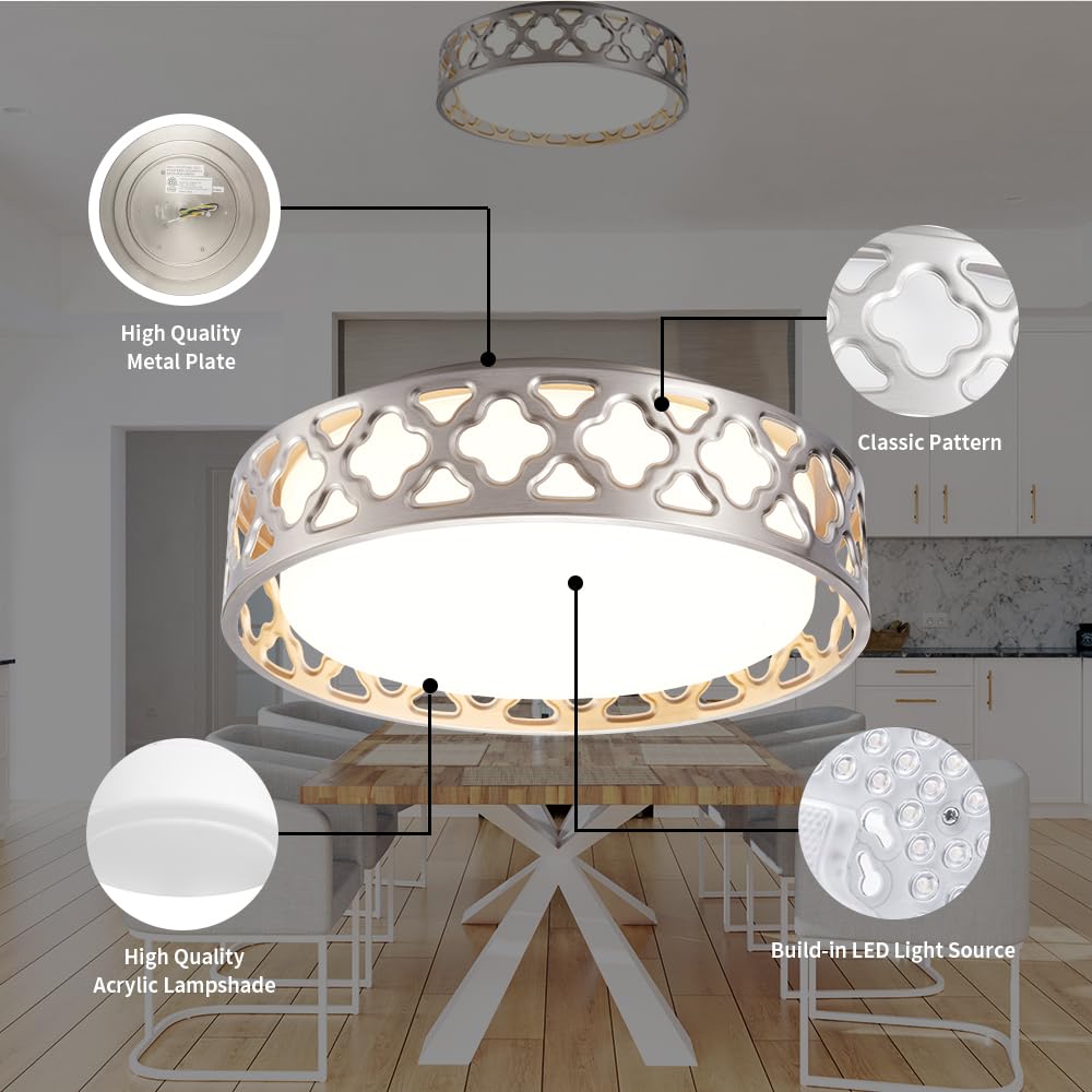 Vicnie Flush Mount Ceiling Light, Led Light Fixture Ceiling Mount With Brushed Nickel Finish, 12Inch 3000K/3500K/4000K/5000K/600