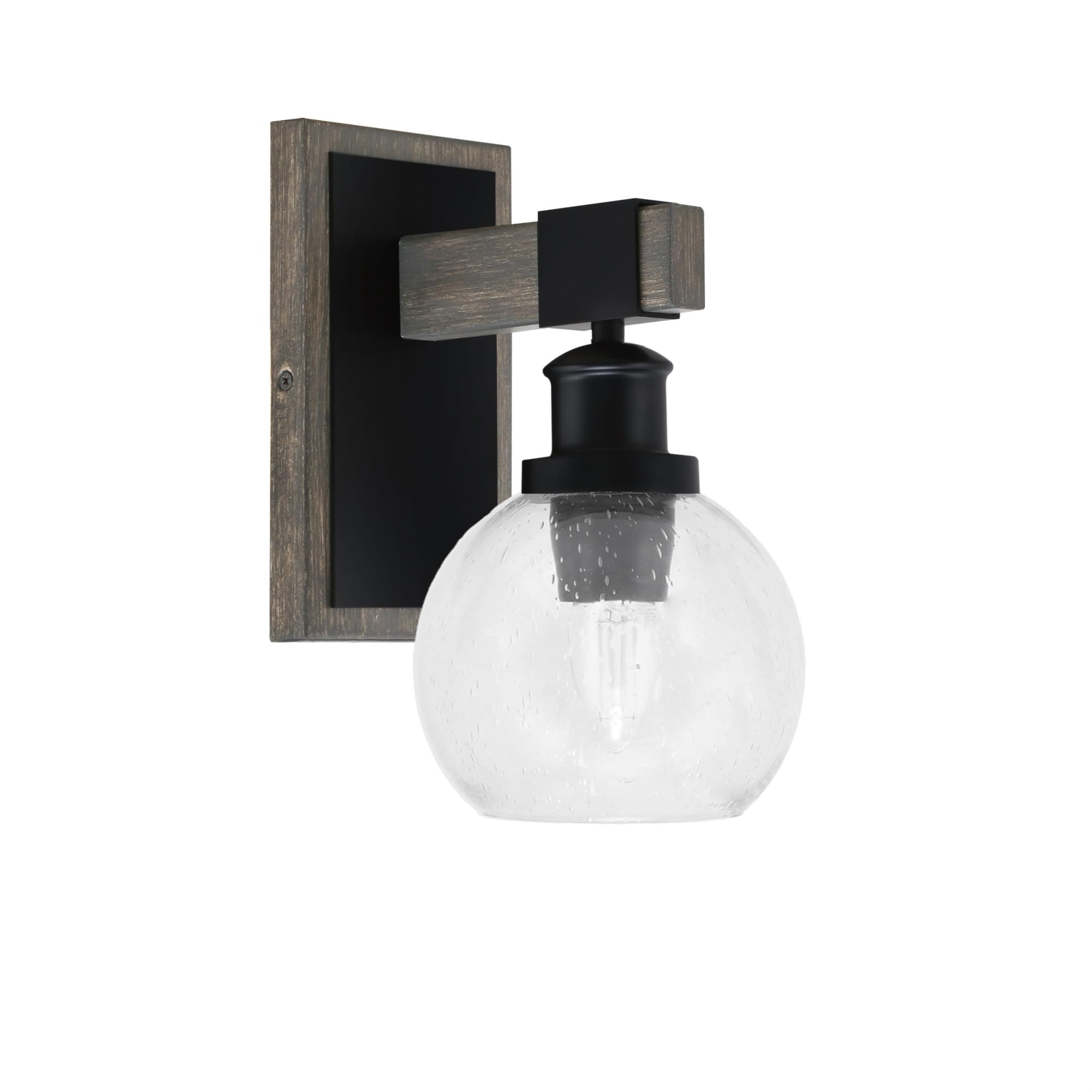 Toltec Lighting Tacoma Light Wall Sconce, Matte Black with Distressed Wood Finish, 5.75in Clear Bubble Glass