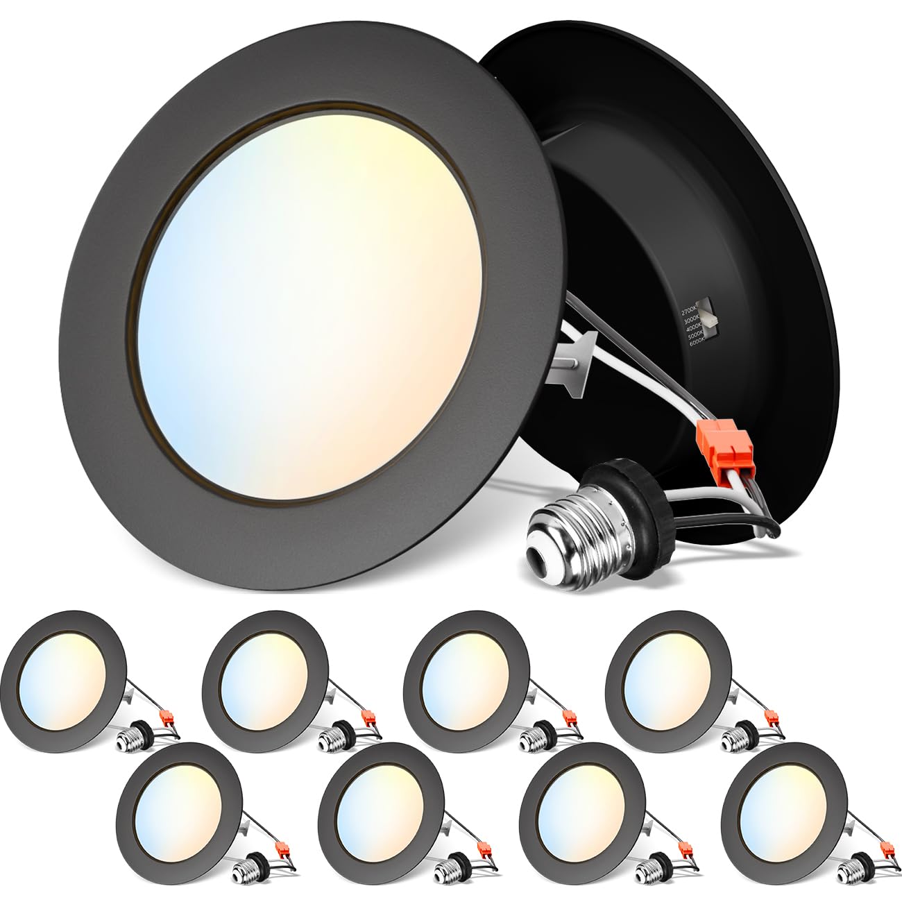 Anwio Recessed Lighting 4 Inch Black  5Cct 6W 700Lm Flat Retrofit Led Recessed Lights Can Needs  2700/3000/4000/5000/6000K Selectable Can Lights Cri 80+ Dimmable E26 Base Ic Rated & Etl 8 Pack