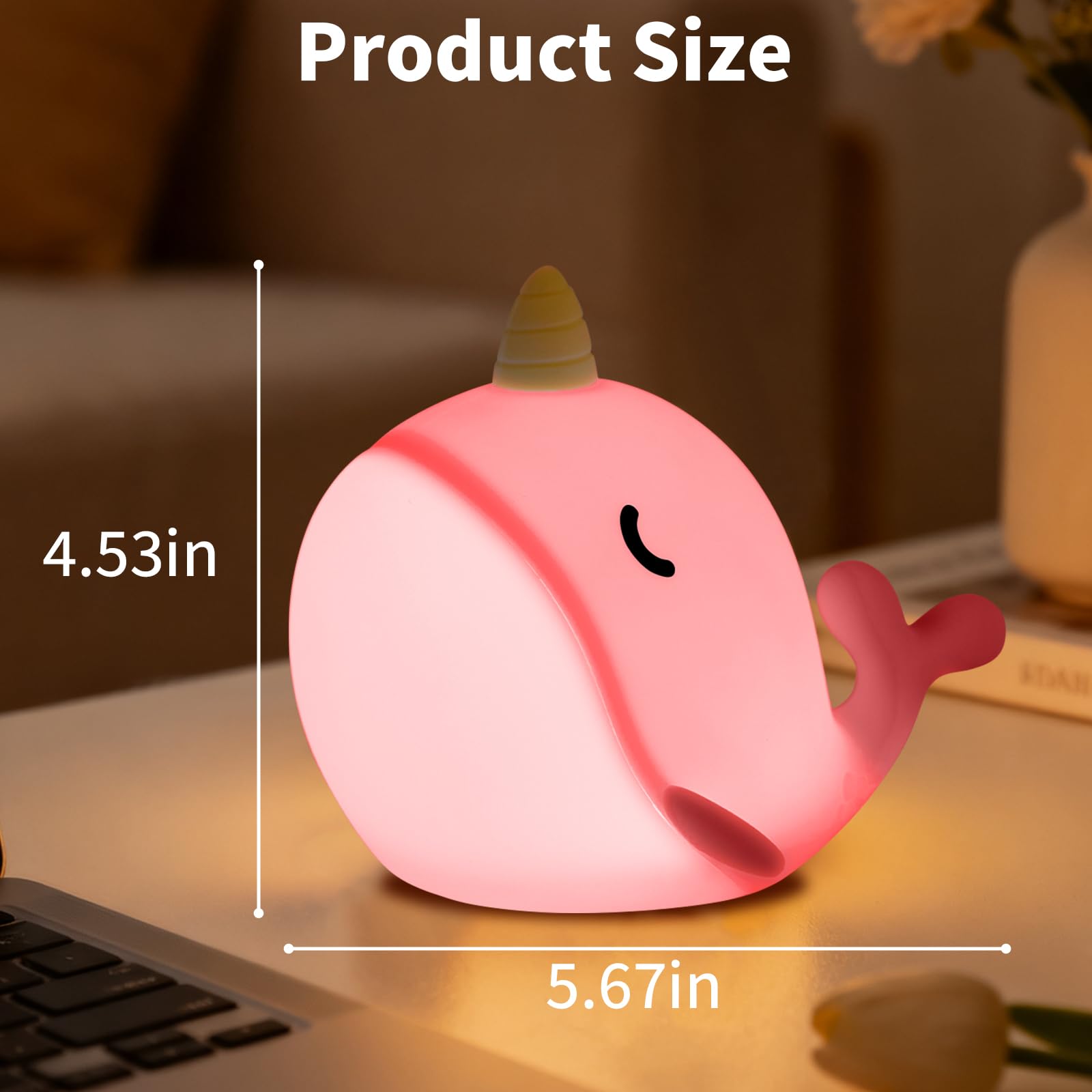 Hpydiy Cute Narwhal Night Light  Tap Control With 3 Warm White Brightness  Usb Kids Bed Lamp With 30-Minute Timer  Soft Silicone Glow For Nursery  Birthday Gift(Pink Narwhal)
