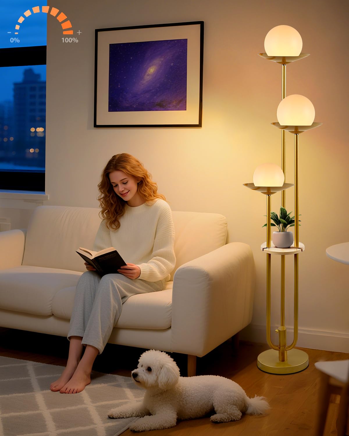 Lightdot Globe Floor Lamp with Shelf 3-Lights Modern Dimmable Floor Lamps for Wedding/Party  3000K Warm White Bulbs Included  Gold Tall Standing Lamp for Living Room/Bedroom/Sofa Beside/Corner Decor