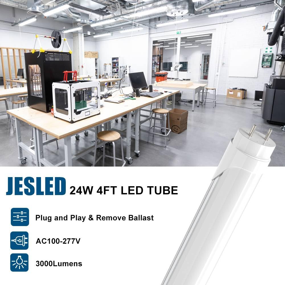 JESLED T8 LED Bulbs, 4FT, 24W, 6000K Bright White, Dual-Ended, ETL Listed, 4-Pack