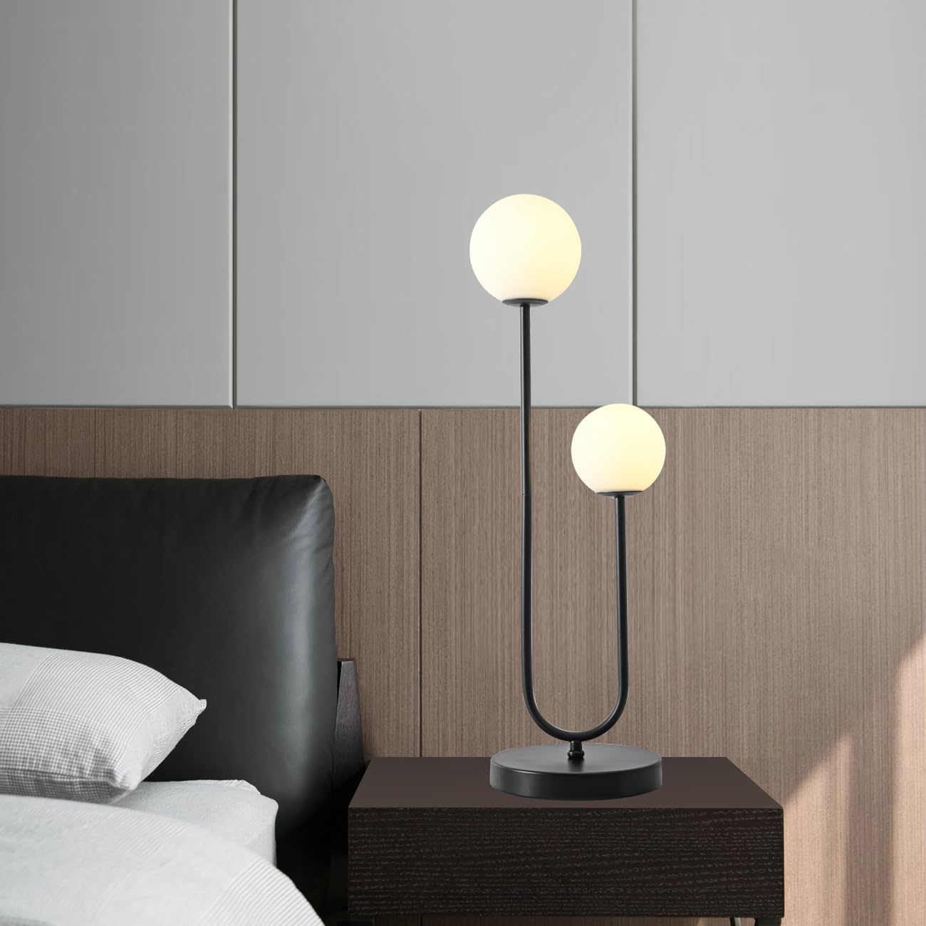 AMARTIZ Black U-Shape 2-Light Table Light Mid Century Black Globe Table Lamp with Milk White Glass Shade Metal Base Nightstand L