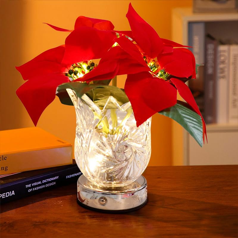 Nikuoan Christmas Poinsettia Table Lamp  Artificial Flower Lamp With Glass Vase Dimmable Cordless Lamp  Night Light Table Lamp For Living Room Bedroom Office Home Decor Gift