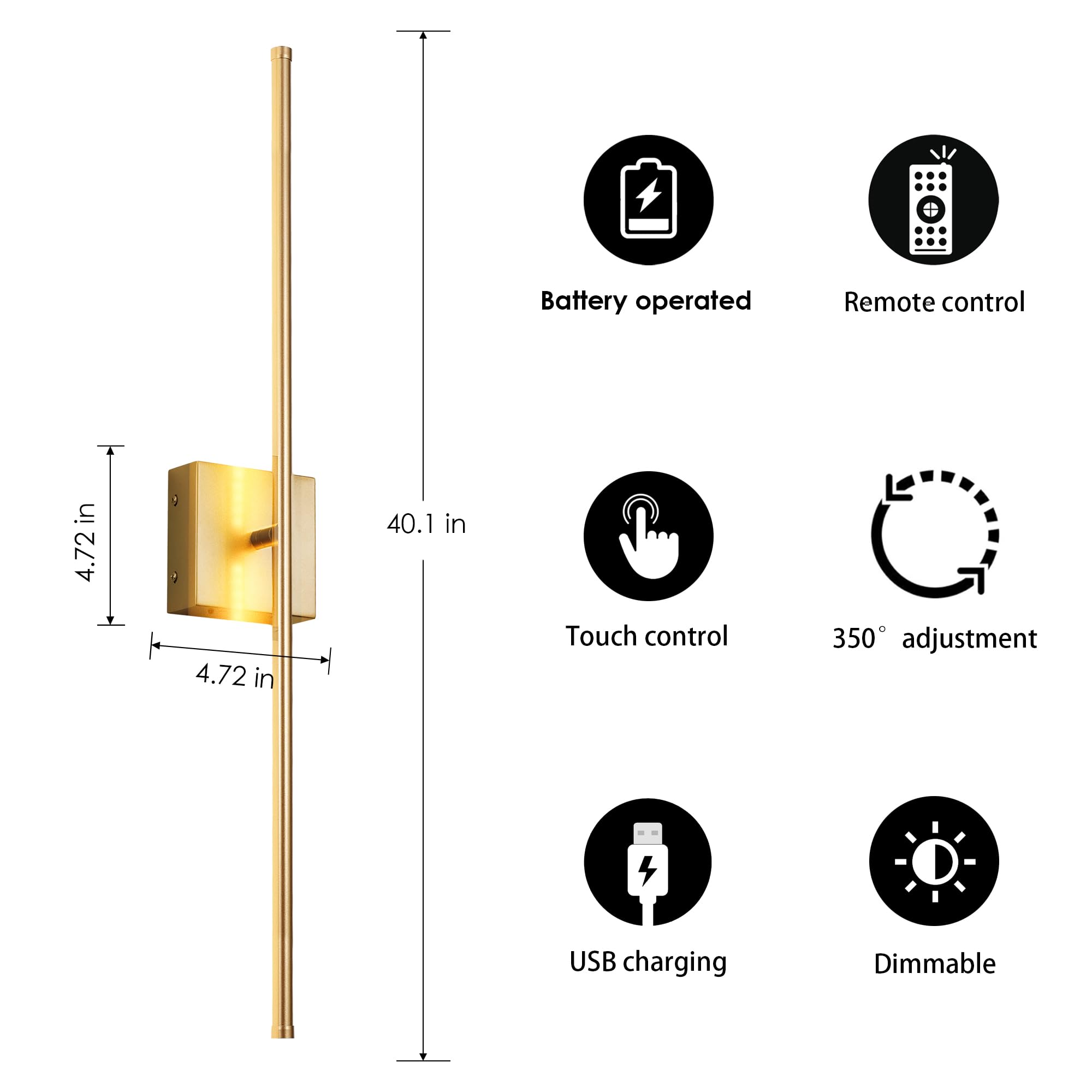 KARTOOSH Battery Operated Wall Sconces Set of Two, Dimmable, 3000K LED, 40.1 Inch, Gold, Model ZM210BGD100-N