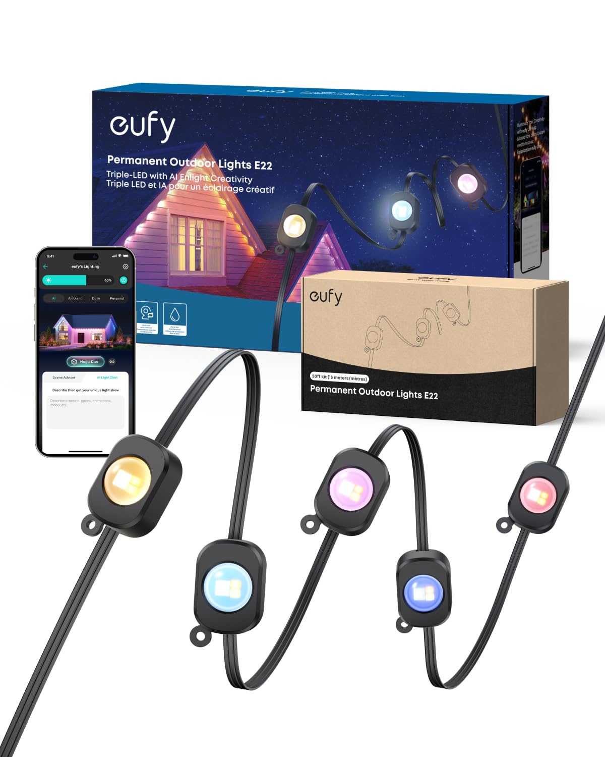 Eufy Permanent Outdoor Lights E22  150Ft With 90 Triple-Led Lights  Smart Rgbww  Daily And Holiday  Up To Ip67 Waterproof  Ai Lighting Themes For Halloween  Christmas  Links With Cameras  Black