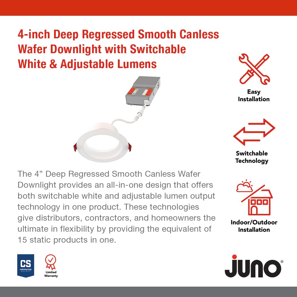 Juno Canless LED Wafer Light - 4-Inch Round Downlight, Switchable Color Temp 2700K-5000K, Matte White, Model WF4 DREG SM ALO
