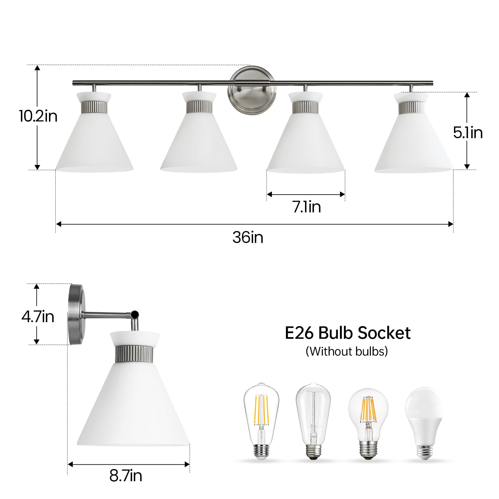 Woshitu Bathroom Light Fixtures: Brushed Nickel 4 Lights Bathroom Vanity Lights Over Mirror With Milky White Frosted Glass Shade  36 Inch Farmhouse Vanity Lighting Sconce (Exclude E26 Bulb)