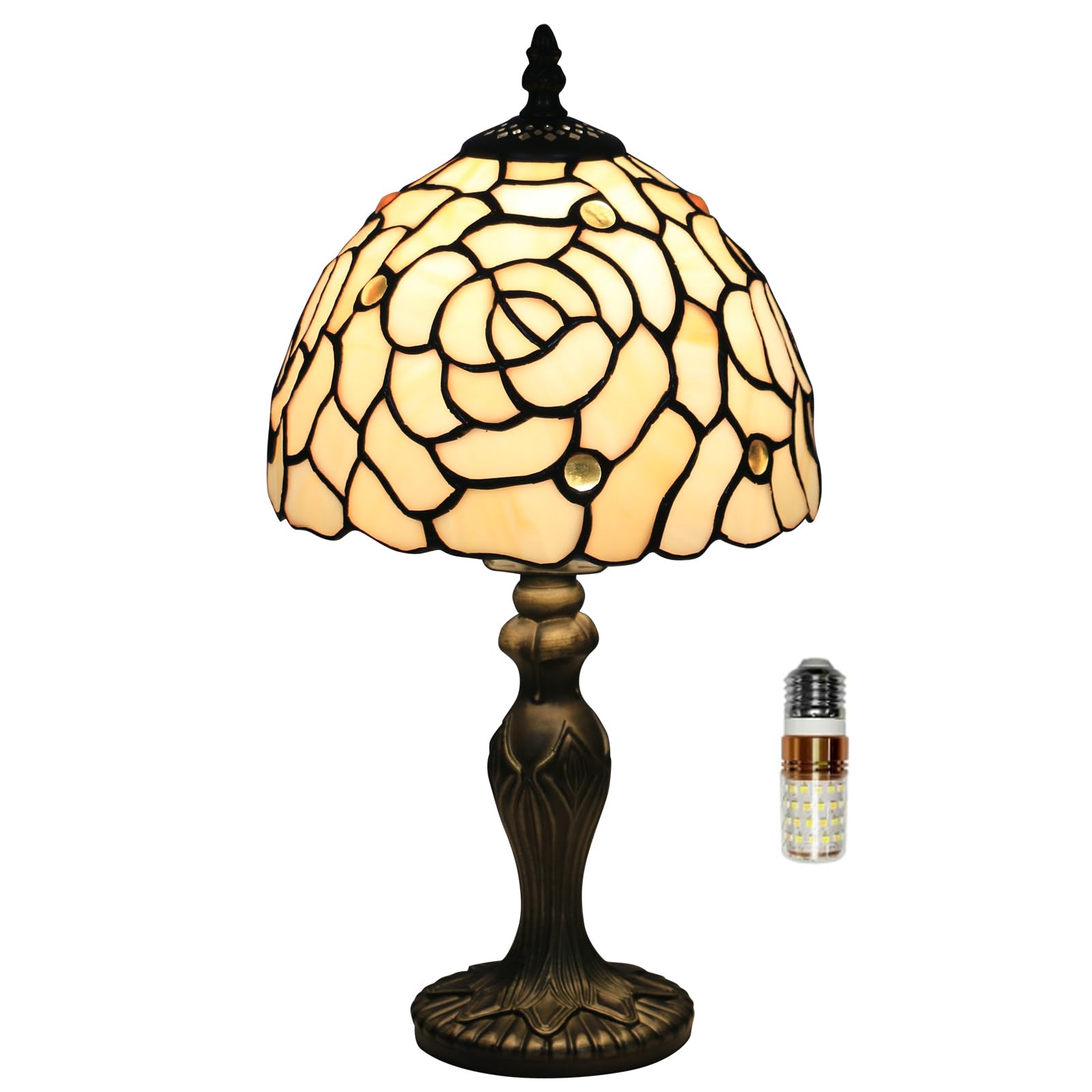 Tuomoxte Tiffany Style Small Table Lamp, 8X8X14.5 Inch Rose Stained Glass Lamp, Small Antique Side Table Lamps, Bedside Nightstand Lamp, For Bedroom Living Room Home Office,Led Bulb Include