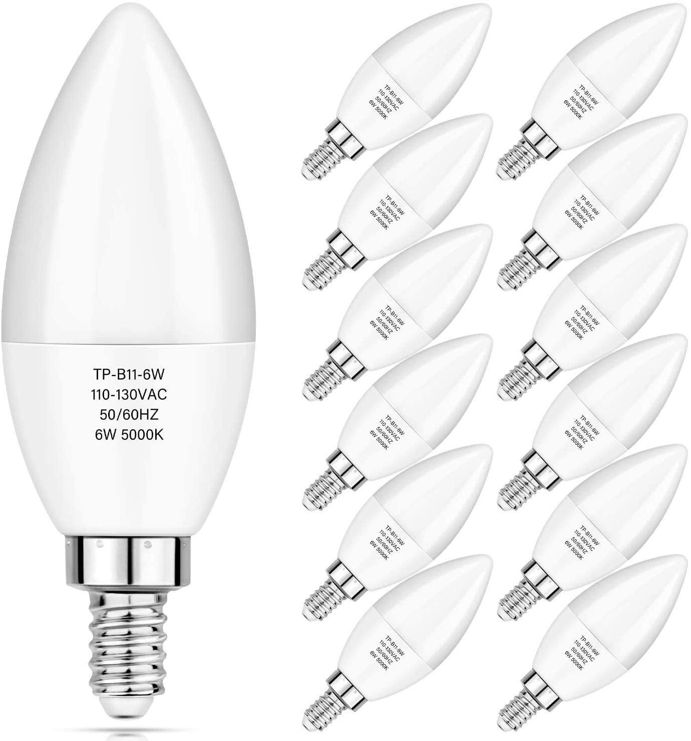 Maxvolador 12-Pack E12 Candelabra Led Bulbs 60W Equivalent, 6W 600 Lm Chandelier Light Bulb 5000K, B11 Candle Lamp With Candelab