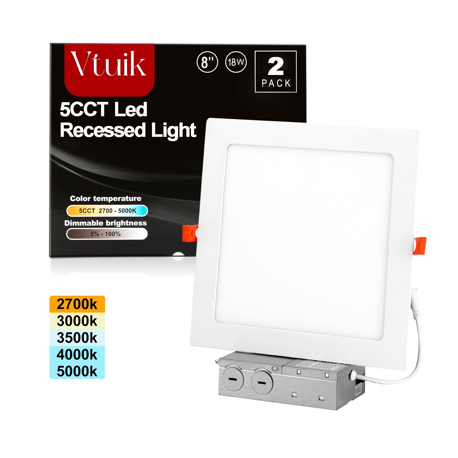 Vtuik 8 Inch 2 Pack 18W Dimmable Square Led Can Light Retrofit With Junction Box, 1440Lm/Cri85 Ultra Thin Led Downlight 5Cct 2700K-5000K Adjustable With A Simple Switch Ic Rated,Etl Certified