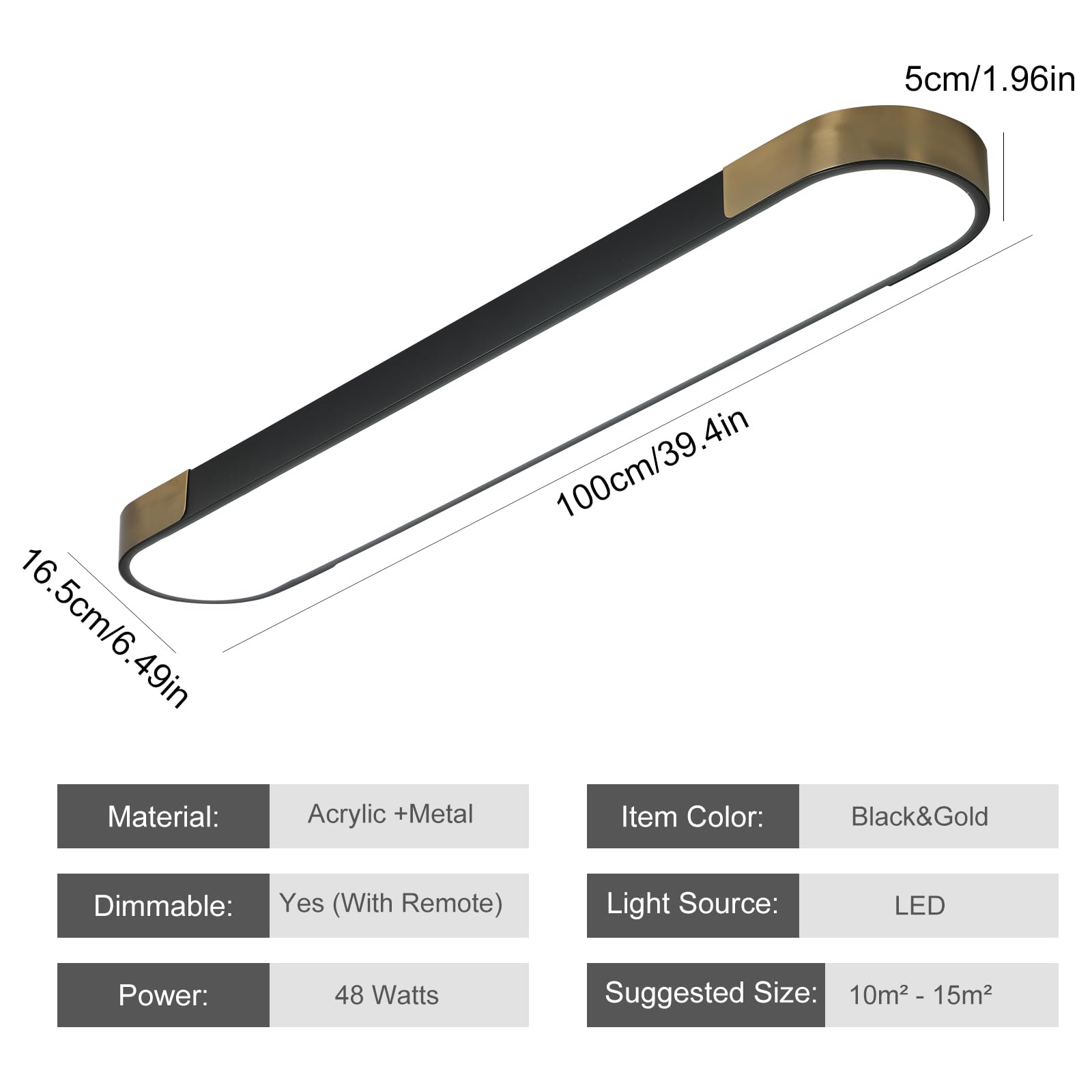 Qcyuui Kitchen Lighting Fixtures Ceiling 39.4 Inch Dimmable Modern Led Ceiling Light Black And Gold Long Linear Ceiling Light Fixture For Office Bedroom Kitchen Hallway (48W/3000-6500K)