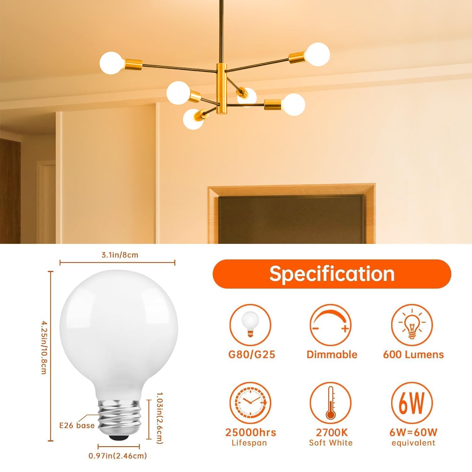 Omed Dimmable Led Warm Light Bulbs E26 Equivalent 60W, G80/G25 Pendant Globe Led Filament Retro Porcelain Glass Light Bulbs 2700