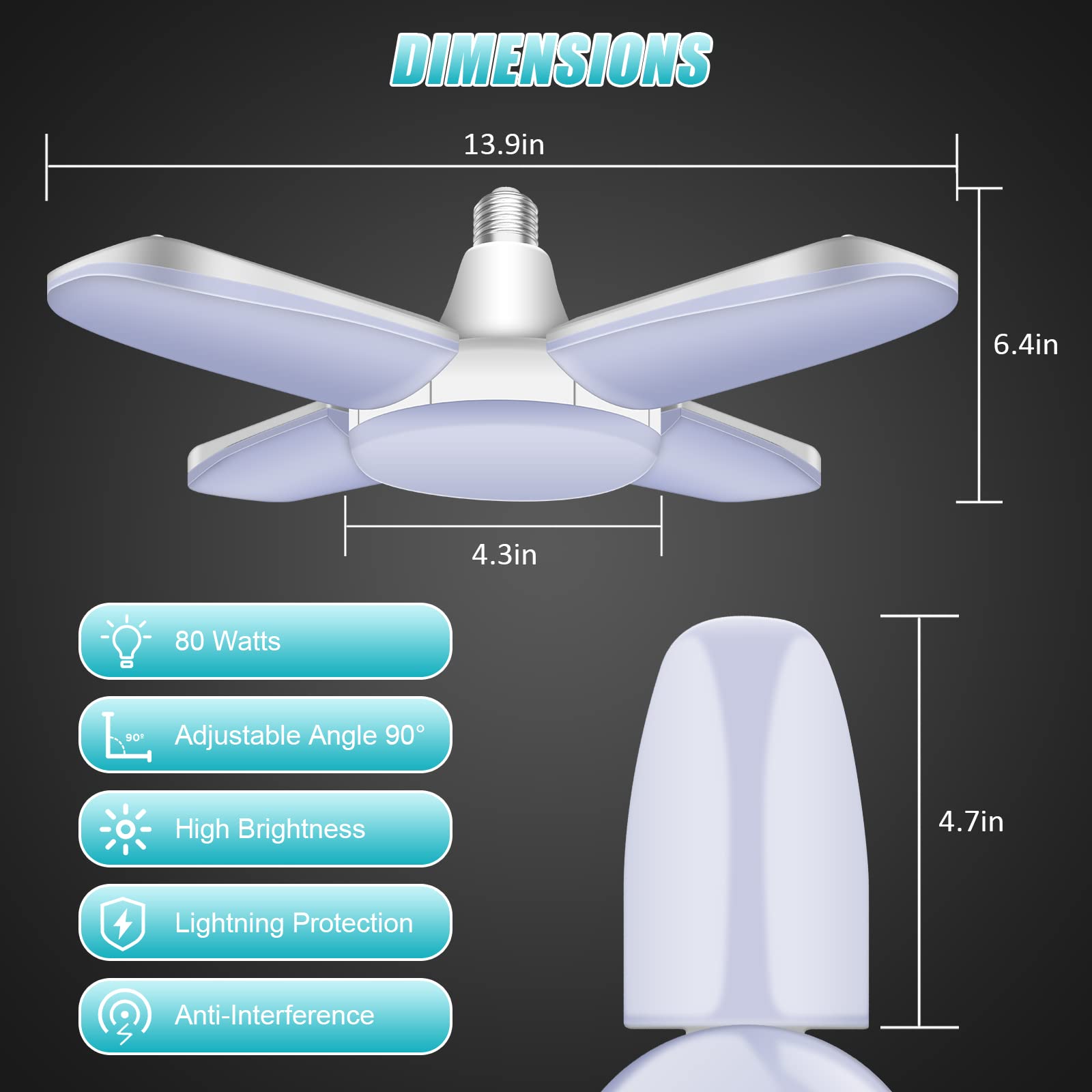 TUODAW 80W LED Garage Lights, 4 Pack Deformable Shop Lights, White, E26/E27, 8000LM, Model TDMinisiye-2