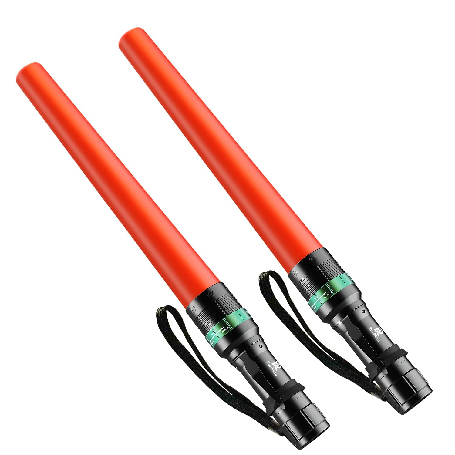 RoadHero Traffic Control Baton - 16 Inch LED Safety Wand, 2 Pack, Orange, 5 Flashing Modes, Air Marshaling Light
