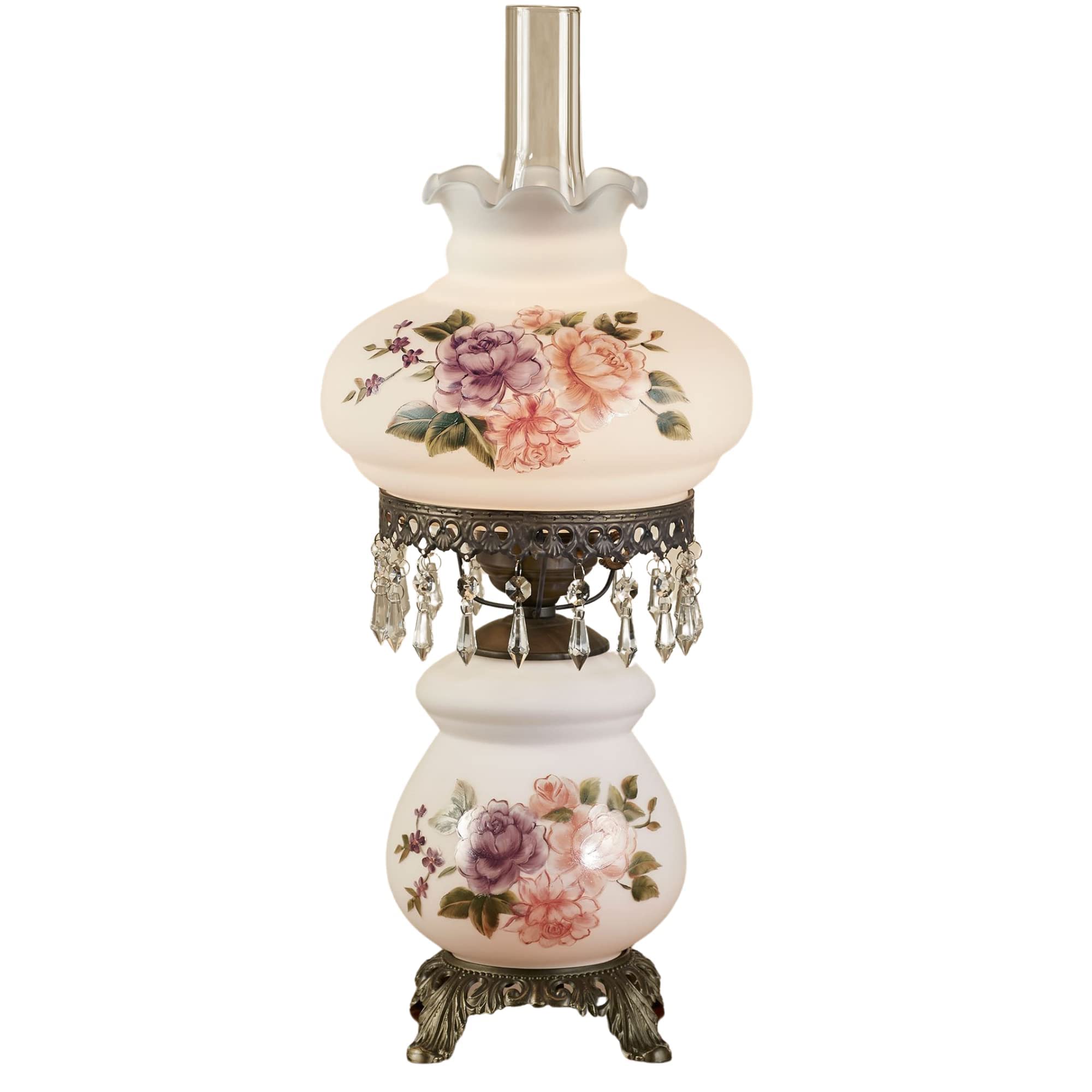 Touch Of Class Brook Floral Handpainted Hurricane Table Lamp White Floral Motifs - Metal Base, Glass Shade, Scalloped Edges - Vi