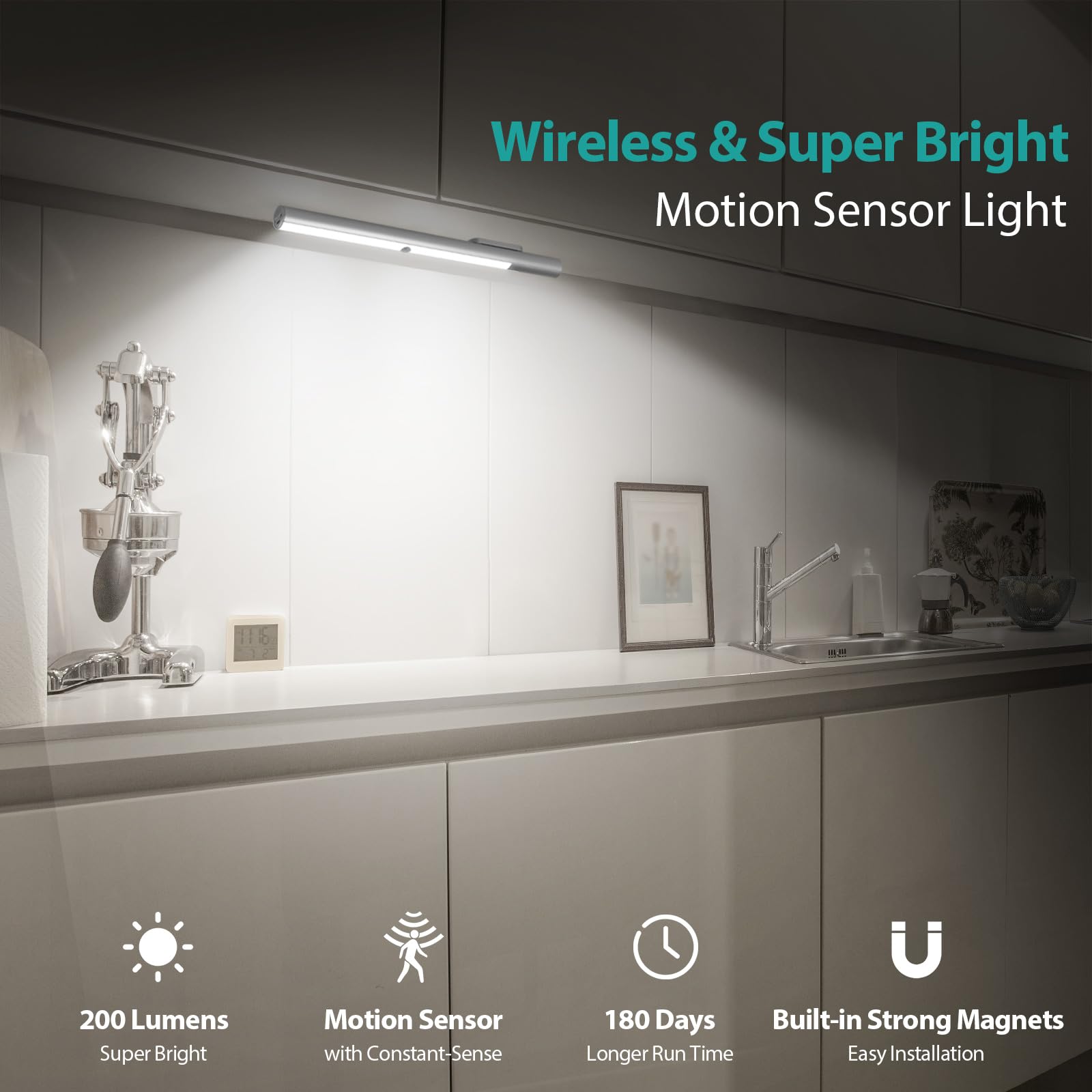 BLS T401 LED Closet Light - Super Bright Wireless Motion Sensor, 4500mAh Battery, 6000K White, Aluminum, Battery Operated