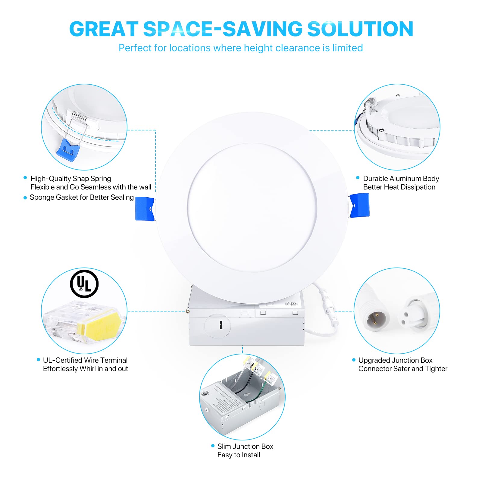 Ensenior 24 Pack 6 Inch Ultra-Thin Led Recessed Ceiling Light With Junction Box, 6000K Clear White, 12W 110W Eqv, Dimmable Can-Killer Downlight, 1050Lm High Brightness - Etl Certified