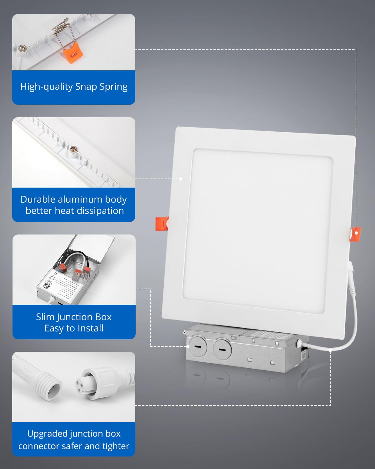 Vtuik 8 Inch 2 Pack 18W Dimmable Square Led Can Light Retrofit With Junction Box, 1440Lm/Cri85 Ultra Thin Led Downlight 5Cct 2700K-5000K Adjustable With A Simple Switch Ic Rated,Etl Certified
