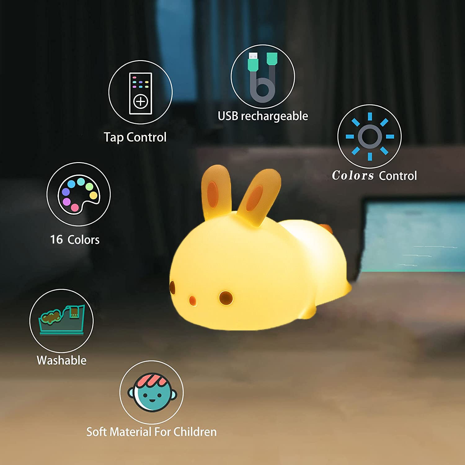 YOTOZU Bunny Night Light, USB Rechargeable, 16 Colors & Breathing Modes, Kids Gift, Tap Control, Warm White